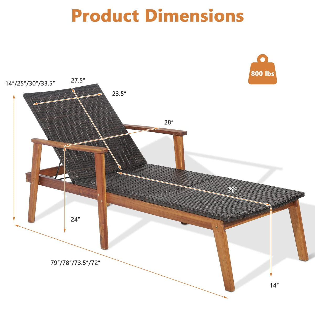 HAPPYGRILL Patio Chaise Lounge Chair, Outdoor Rattan Recliner with 4-Level Adjustable Backrest, Solid Acacia Wood Frame, Ergonomic Lounge Chair for Backyard Poolside Balcony