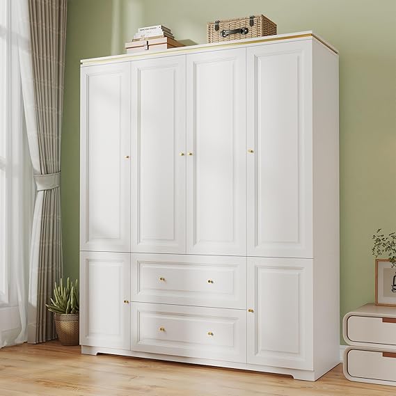 Wardrobe Closet with Drawers, 2 Doors & Hanging Rod