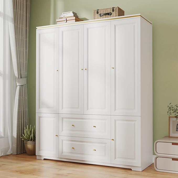 Wardrobe Armoire with Drawers, Hanging Rod & Shelves