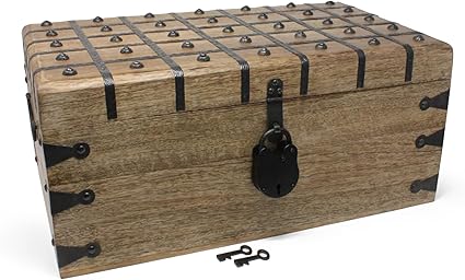 Handcrafted Wooden Treasure Chest with Antique Iron Lock & Skeleton Key