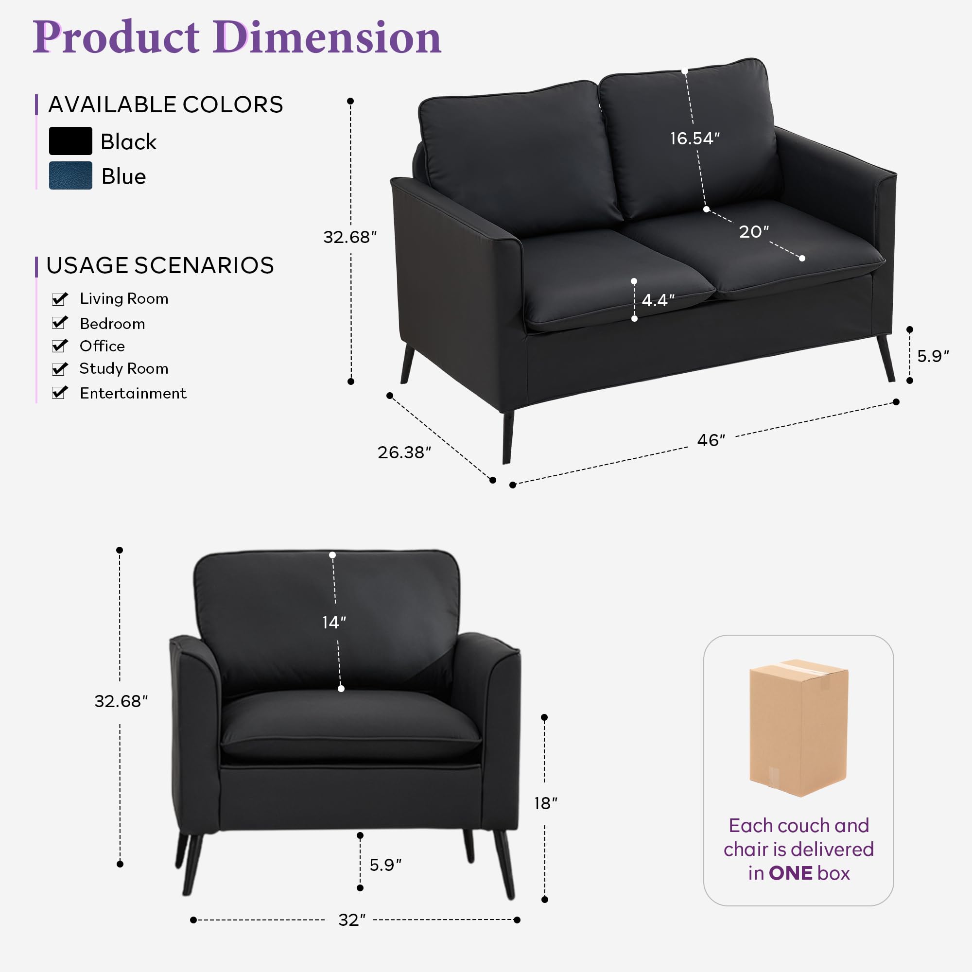 TYBOATLE Faux Leather Loveseat and Accent Chair, Comfy Love Seat Sofa and Chair Set with 2 Pillows, Mid-Century Modern 2 Seat Couches for Small Spaces, 2 Pieces Living Room Furniture Sets (3, Black)