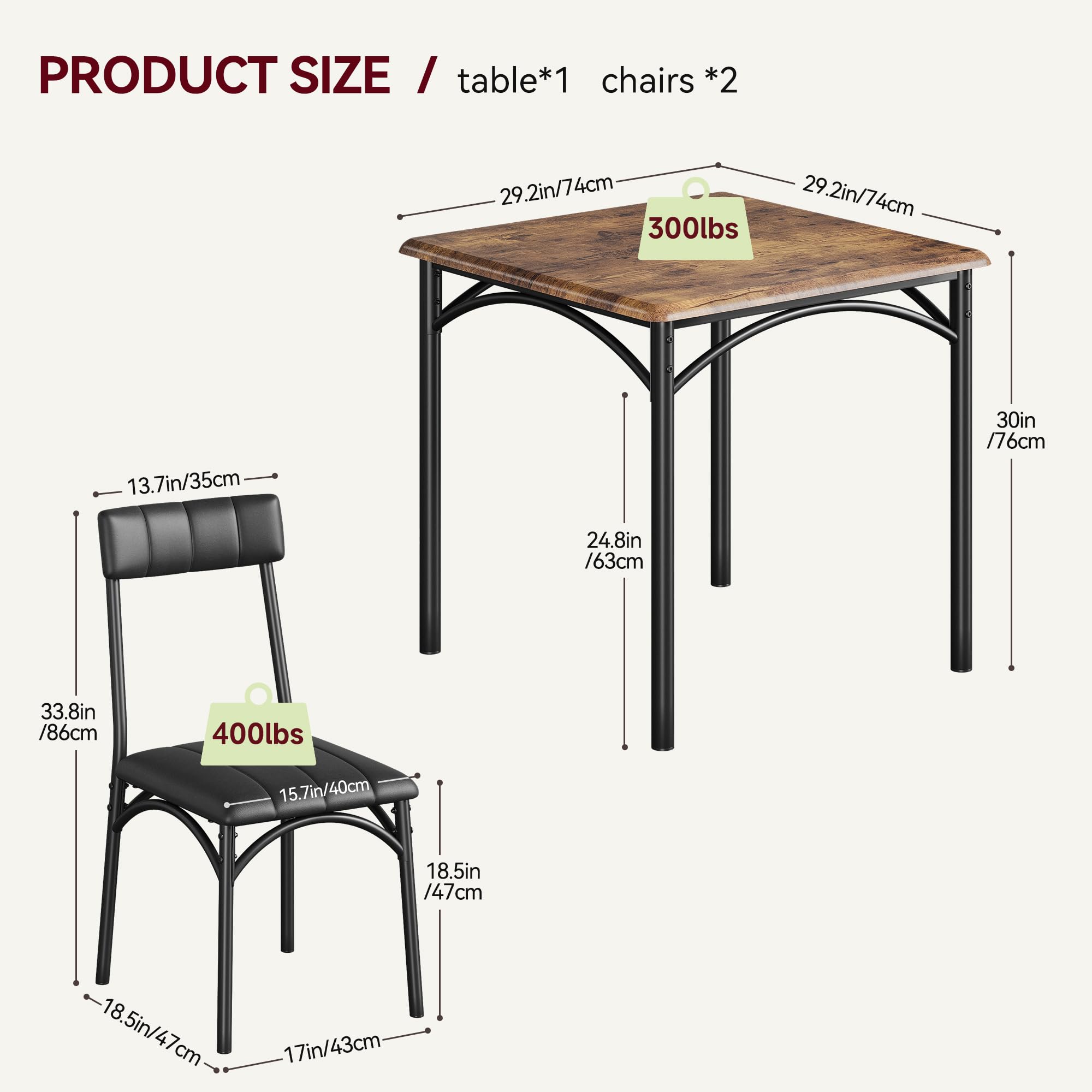 SLEKVERSA 3-Piece Dining Table Set for 2, Kitchen Table Set with 2 Upholstered Chairs, Square Dining Table Set for Apartment, Studio, Small Space, Brown