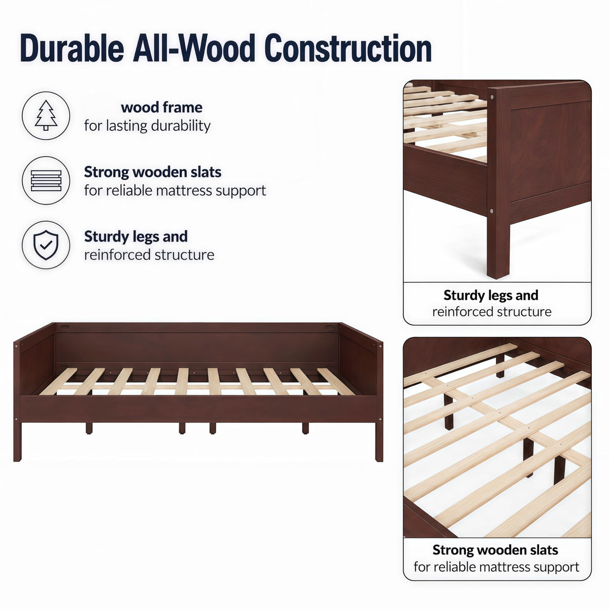 Corner Bed Frame Full Size with 3-Side Rails and Slat Support, Dark Walnut