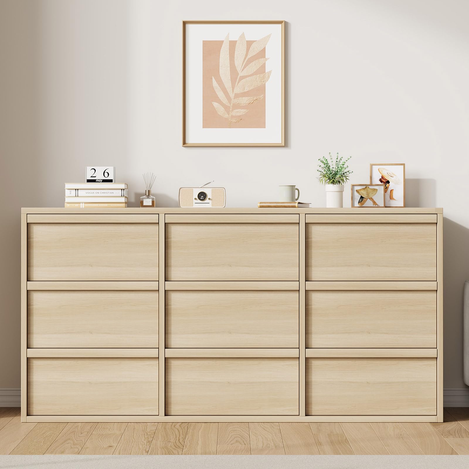 Garvee 9 Dresser for Bedroom, 58.7" Wide Dresser, Freestanding Horizontal Drawer with Storage, Wooden Closet Chest Storage for Living Room, Hallway, Entryway