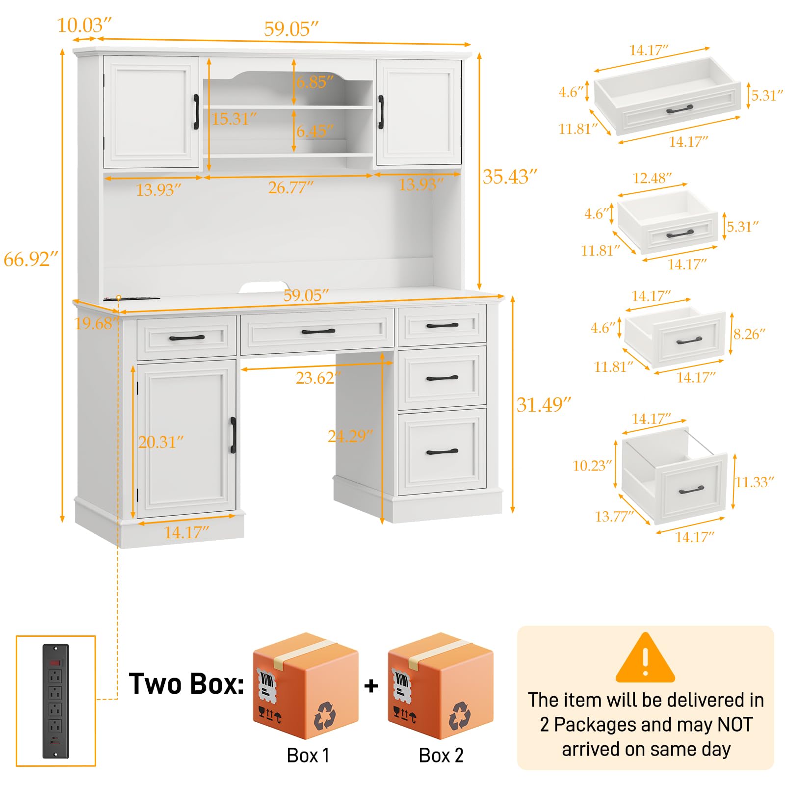67" H Farmhouse Executive Desk with Hutch.Wood Workstation with 5 Drawers,Storage Cabinet,File Drawers and Charging Station, Ideal as Office Desk,Computer Desk for Home Office, Study. Cream White