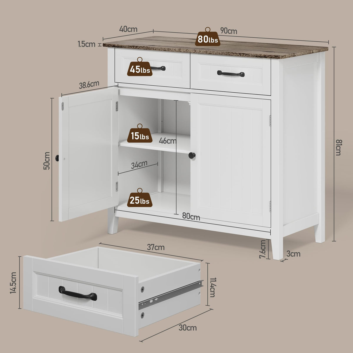 Bealife 32" Buffet Cabinet, Kitchen Island with Storage - Grey