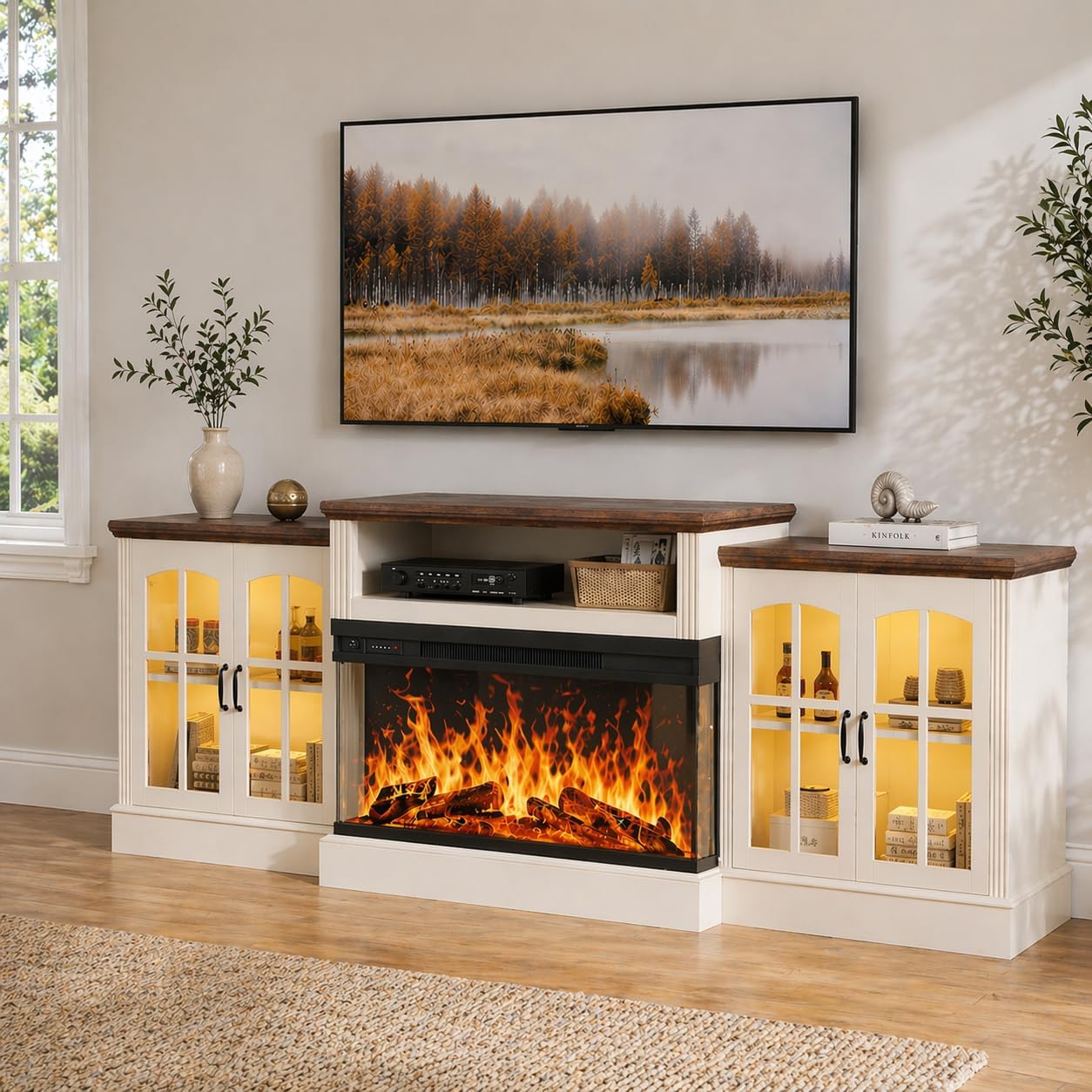 97" Farmhouse Fireplace TV Stand with 36" 3-Sided Electric Fireplace