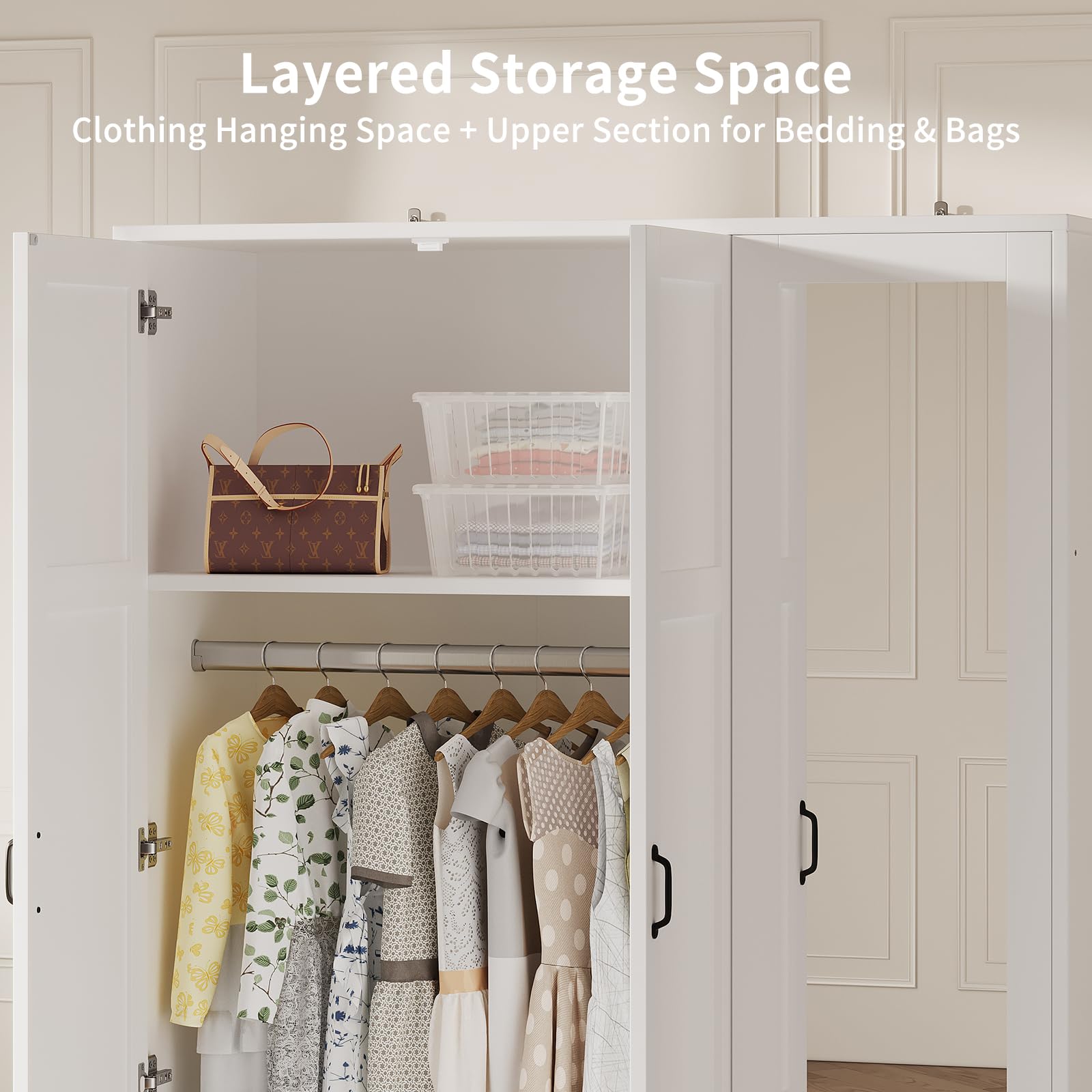 Yanosaku 3-Door Armoire Wardrobe Closet with Full Length Acrylic Mirror, Armoire with Adjustable Shelves & Hanging Rod, Freestanding Storage Cabinet for Bedroom, White