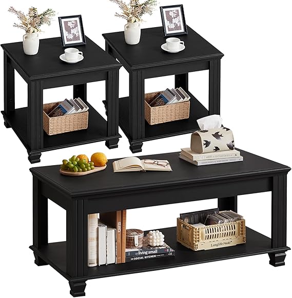 3-Piece Farmhouse Coffee & End Table Set with Open Shelf