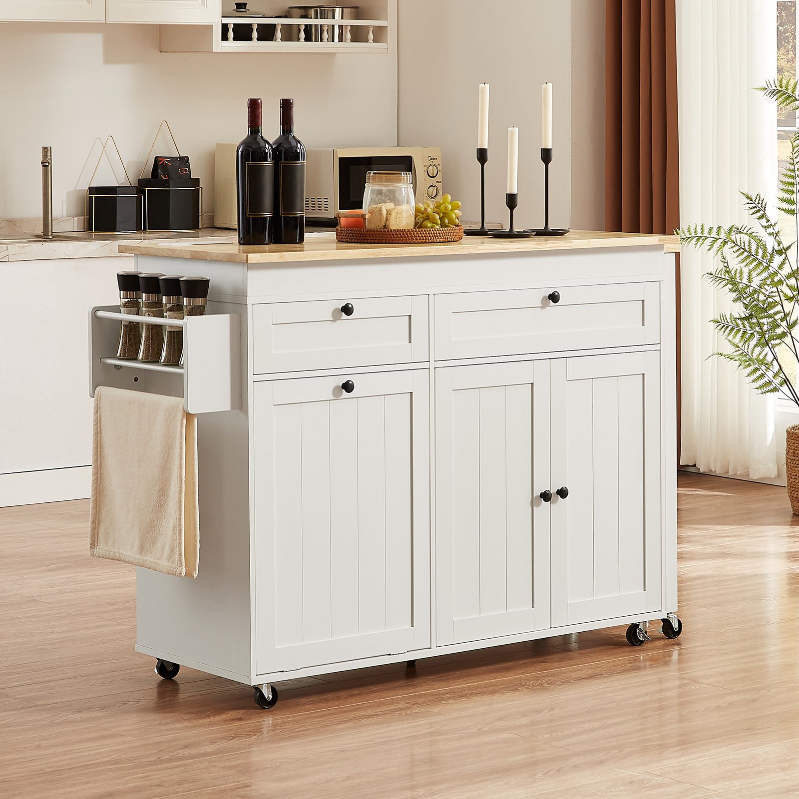 ONBRILL Kitchen Islands with Extendable Dining Table, 81.7" Mobile Kitchen Storage Islands, Rolling Kitchen Cart with Trash Cabinet, Power Outlet, Spice Rack & Towel Rack, White