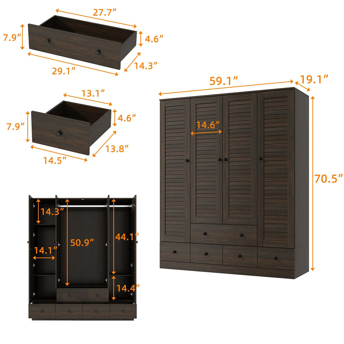 Brown Louvered Wardrobe with Drawers
