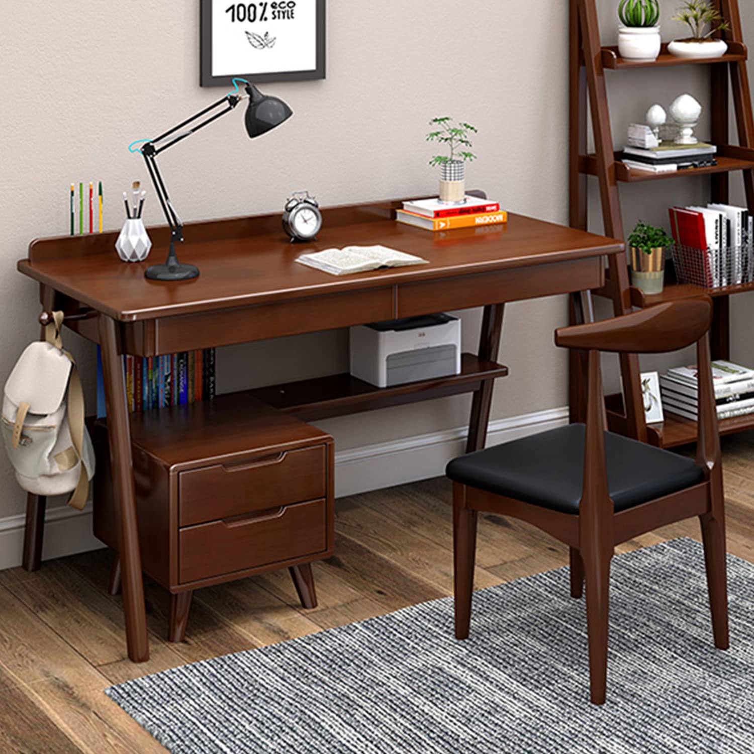 Mid-Century Modern Solid Wood Writing Desk with Drawers