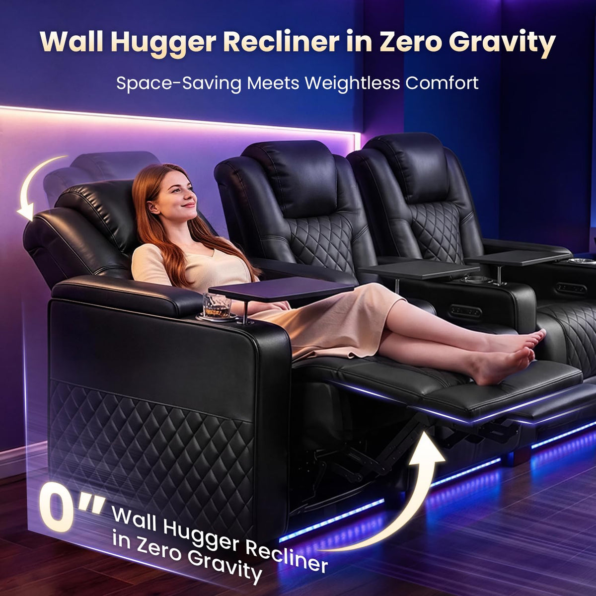 MBBMW Home Theater Seating, 5 Seat Power Recliner Sofa, Large Faux Leather Movie Couch with Adjustable Headrest, Ambient LED Lighting, USB Ports, Cup Holders and Hidden Arm Storage for Living Room