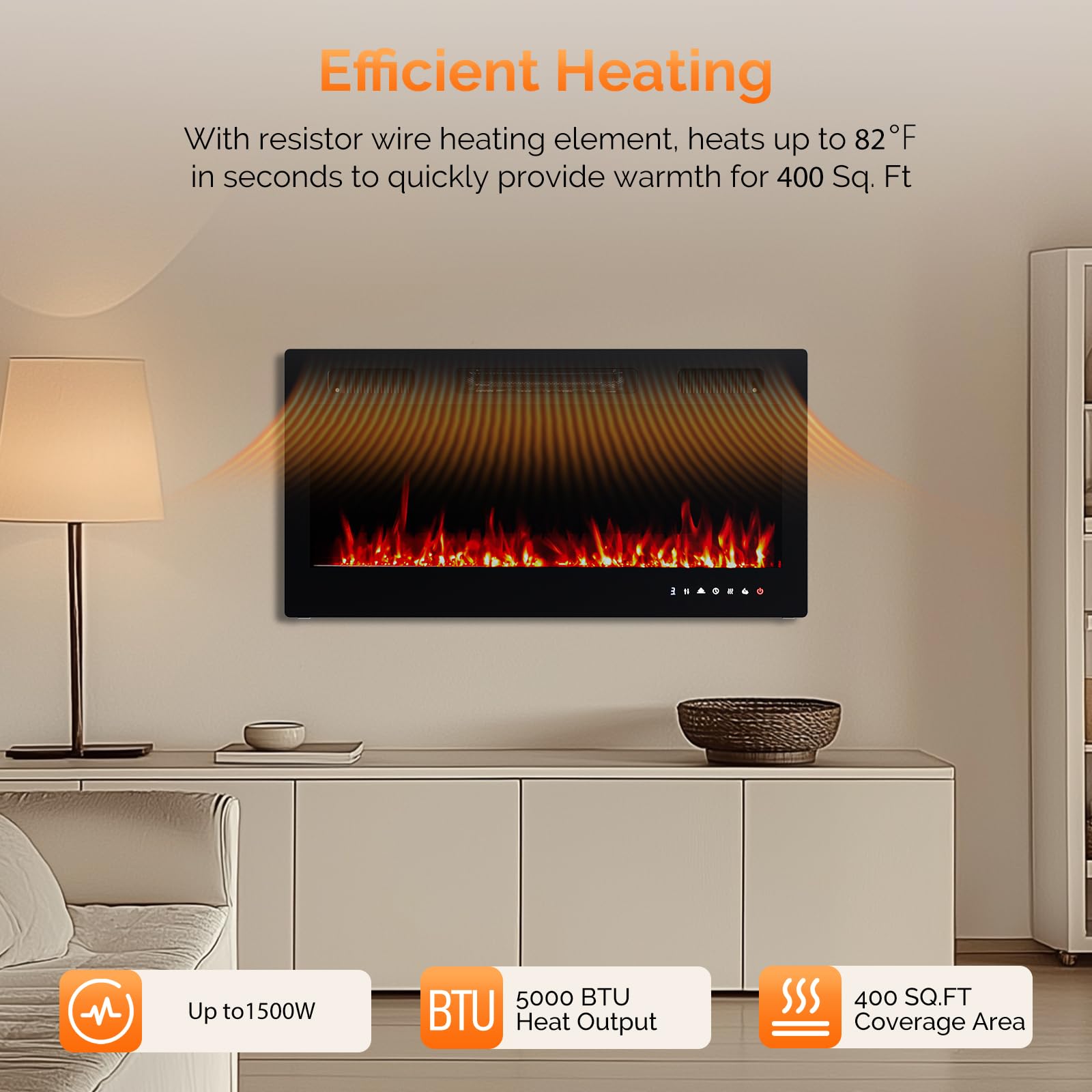 ROVSUN 36'' Electric Fireplace, 2-in-1 Ultra-Thin Wall Mounted & Recessed Fireplace with Remote & APP Control, 1500W Wall Heater w/ 12 Flame Color, 5 Brightness, Timer, Crystal Set