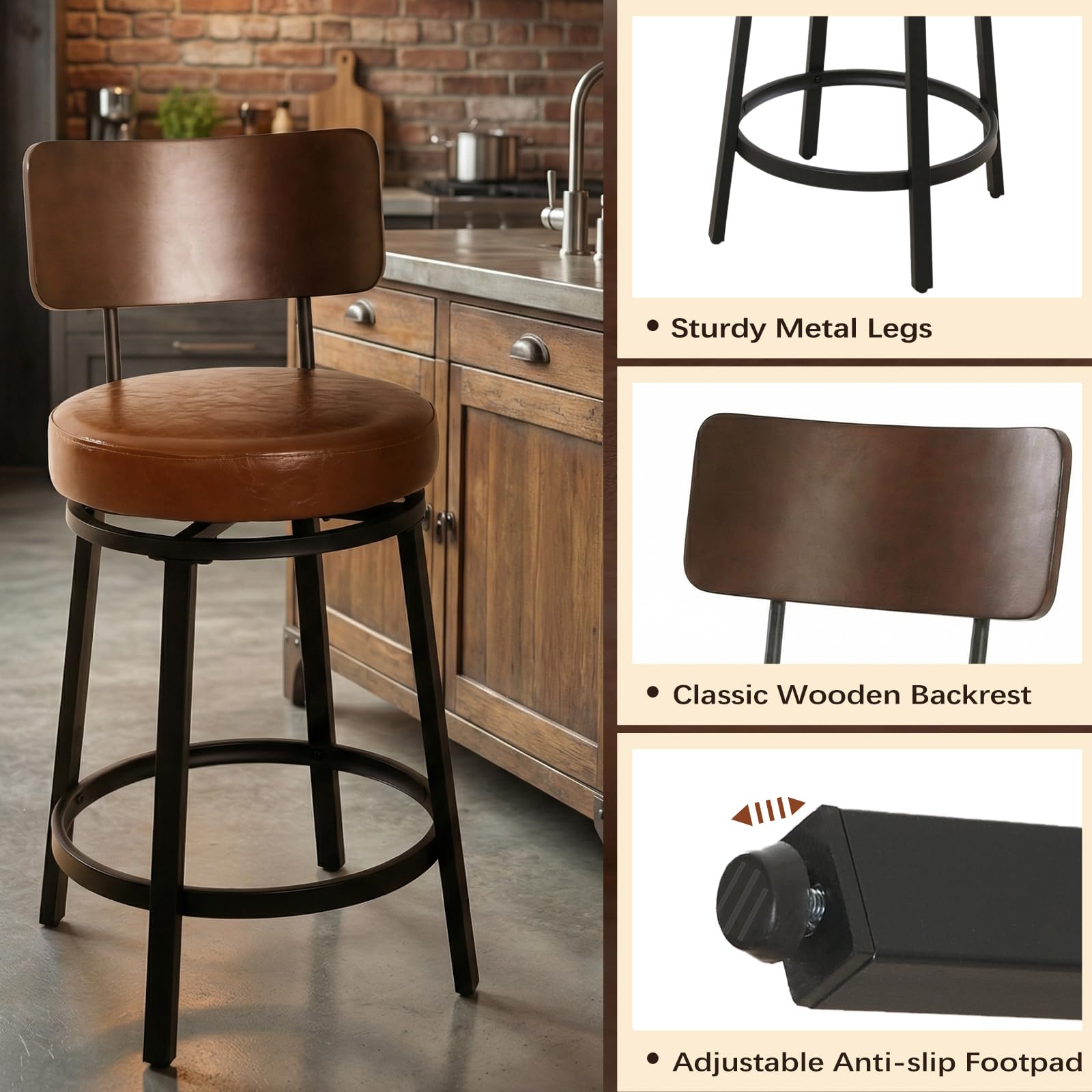 Swivel Bar Stools Set of 2 with Wood Backrest & Metal Legs