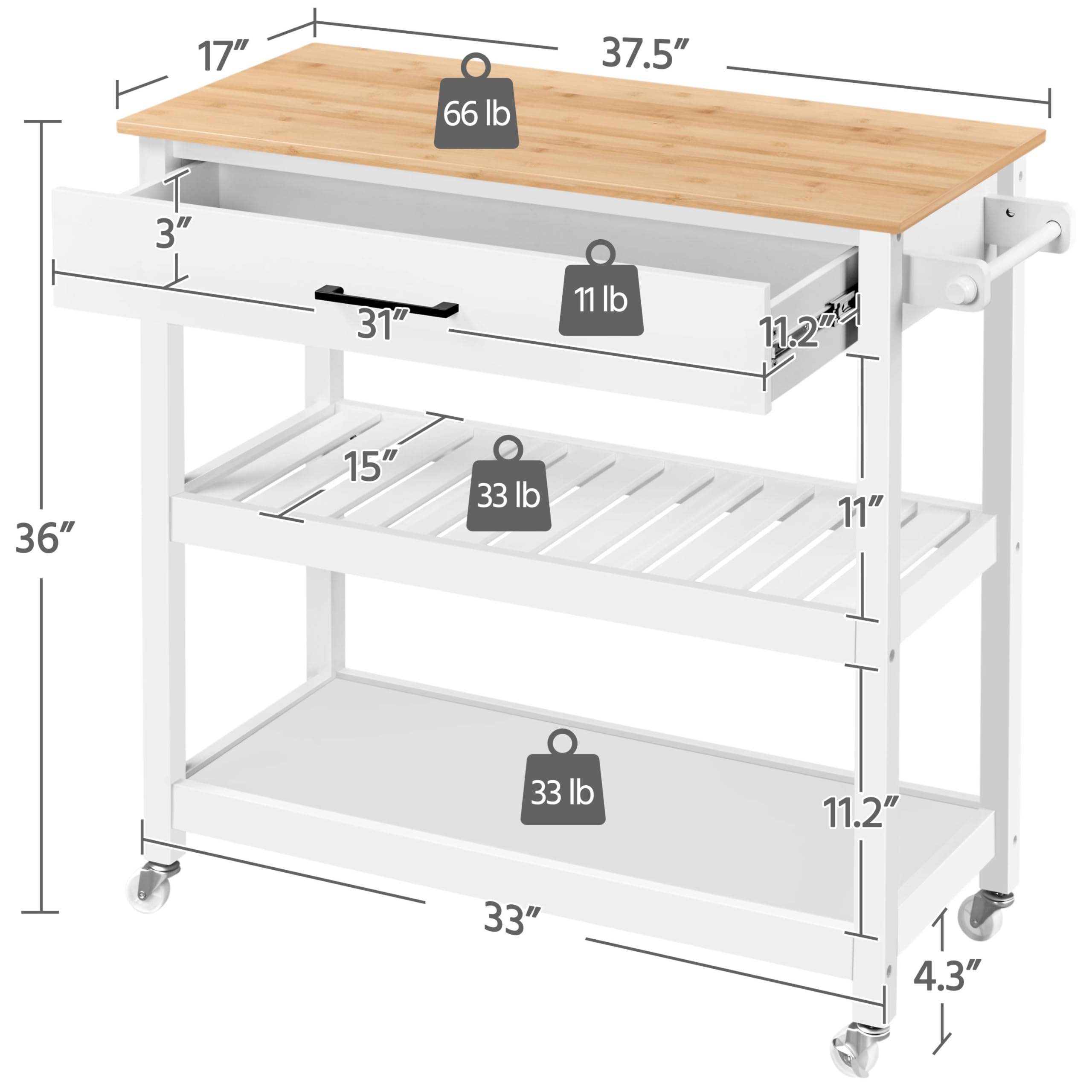 Kitchen Island Cart on Wheels with Drawer, Towel Bar & Hooks