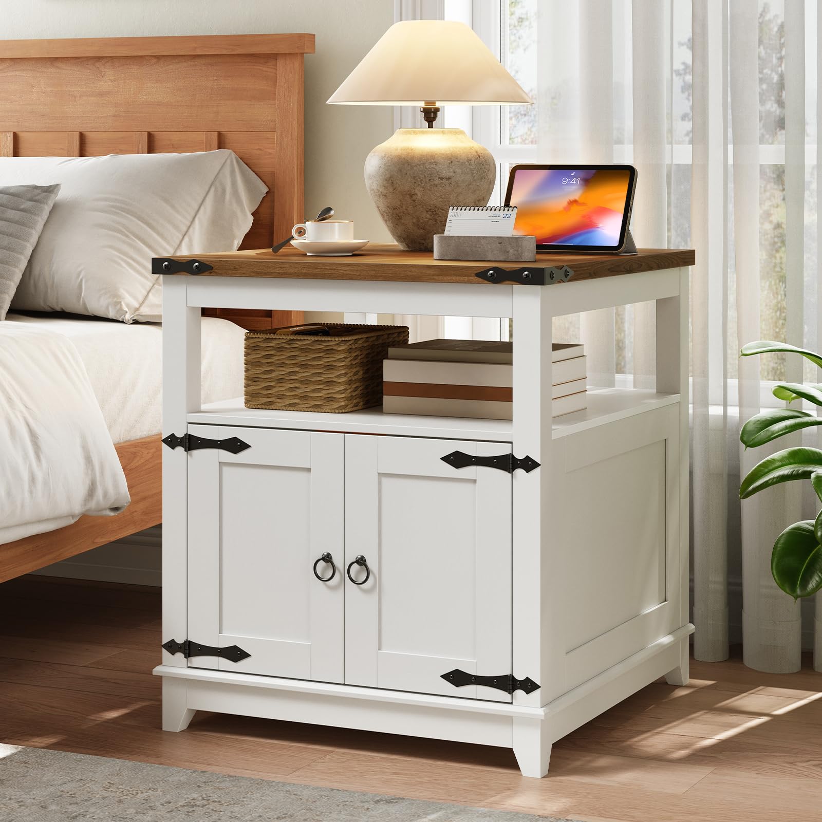 Farmhouse End Table with Charging Station and Barn Door