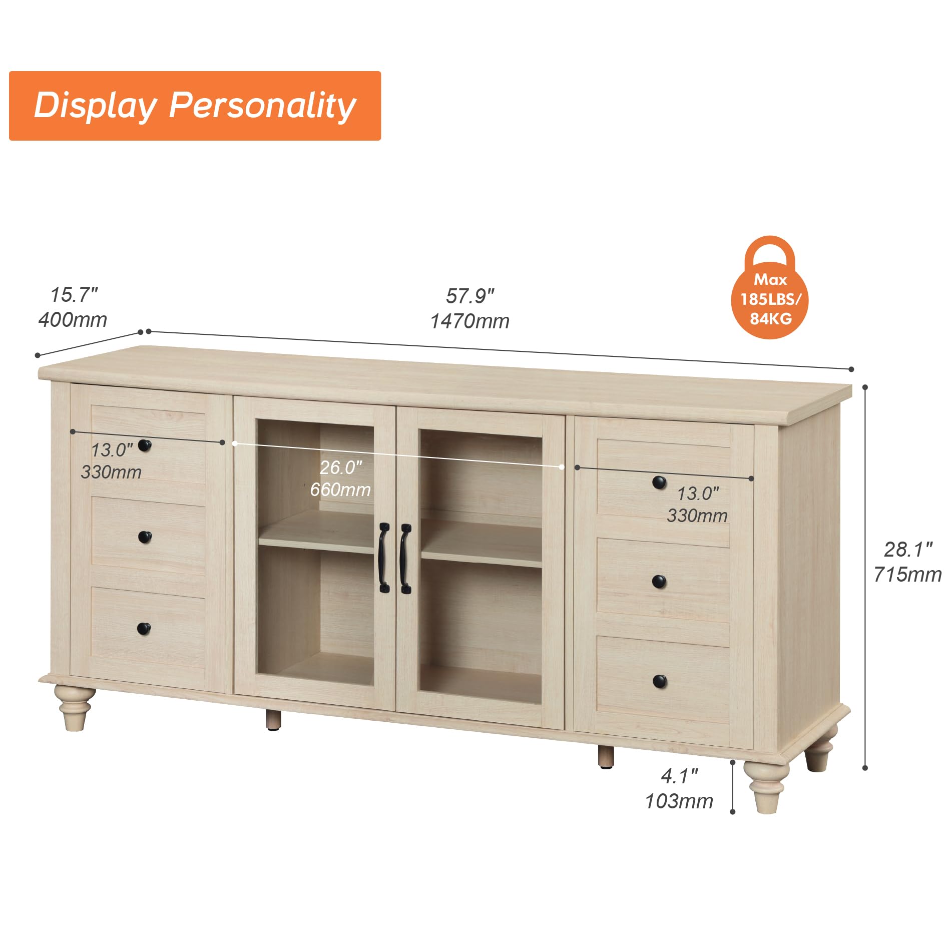 WAMPAT Glass Door TV Stand for TVs up to 75 inch, Wood TV Console Table with 4 Storage Cabinets, Farmhouse Television Stands for Living Room, 58 Inch, Beige