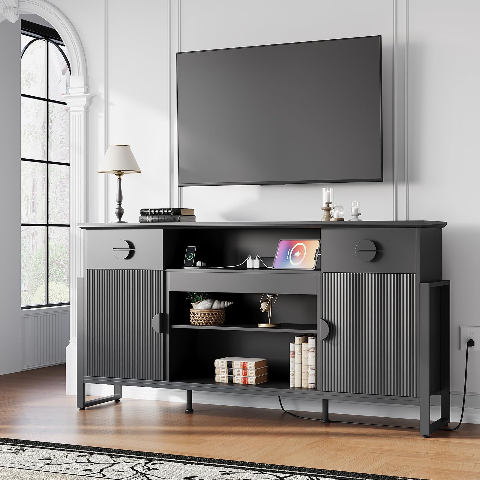 LGHM 70'' Fluted TV Stand with Power Outlets, Stylish Modern Entertainment Center with Drawers for TVs Up to 80”, 38'' Tall TV Stand, Media Console for Living Room, Metal Legs Design, Black
