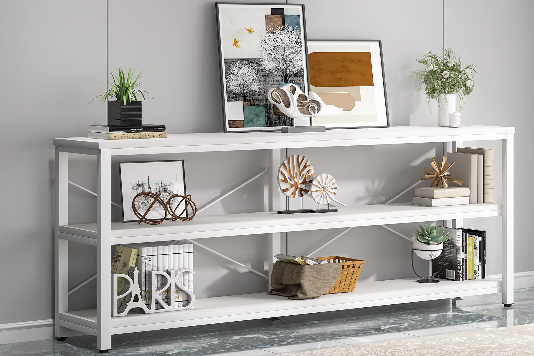 Tribesigns 71" Sofa Tables,Extra Long Couch Table, Narrow Long Console Table, Entryway Table,Sofa Table with 3 Tiers Storage Shelves (White)