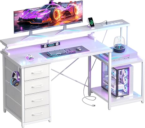 55" Computer Desk with LED Lights & 4 Drawers
