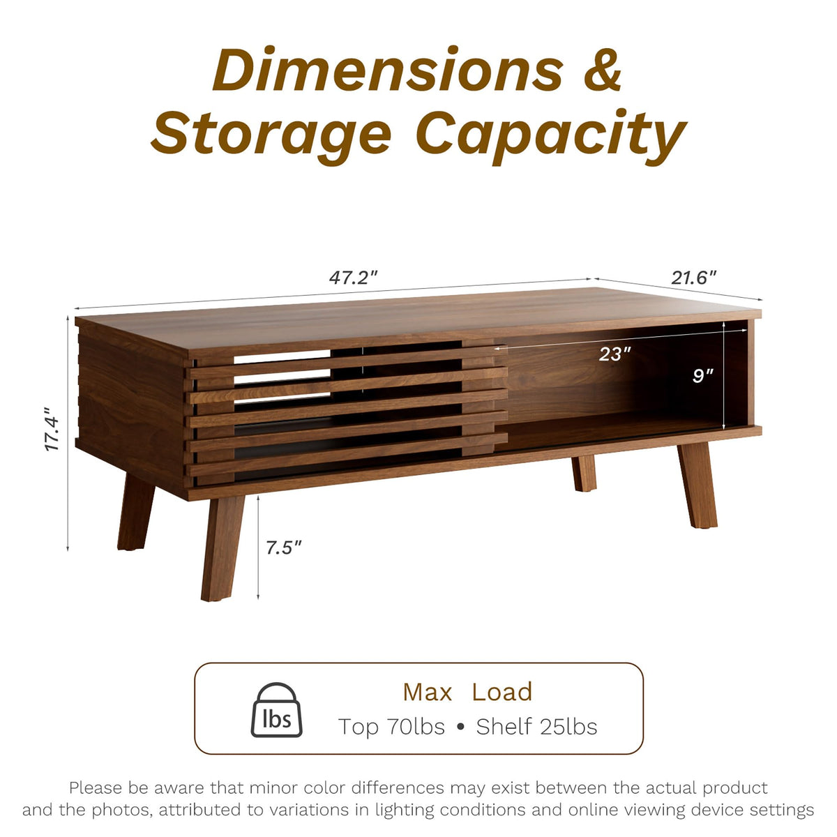 MAISONARIA Mid Century Coffee Table with Storage & Sliding Fence Door, Modern Coffee Tables for Living Room, Walnut Finish
