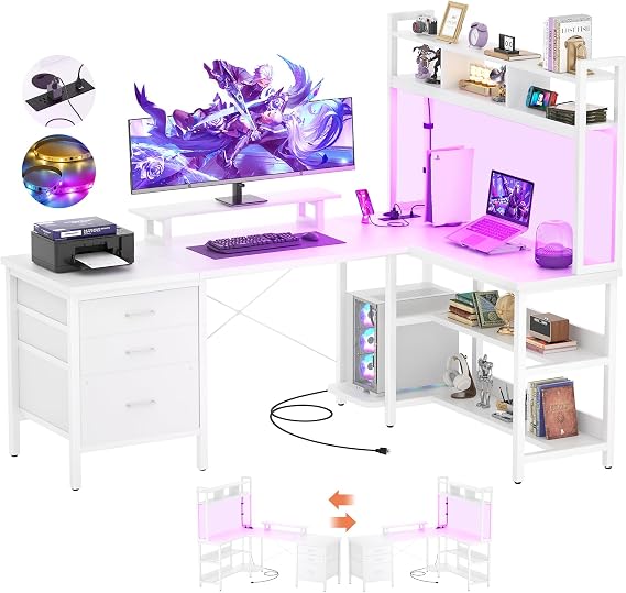 L-Shaped LED Desk with Hutch