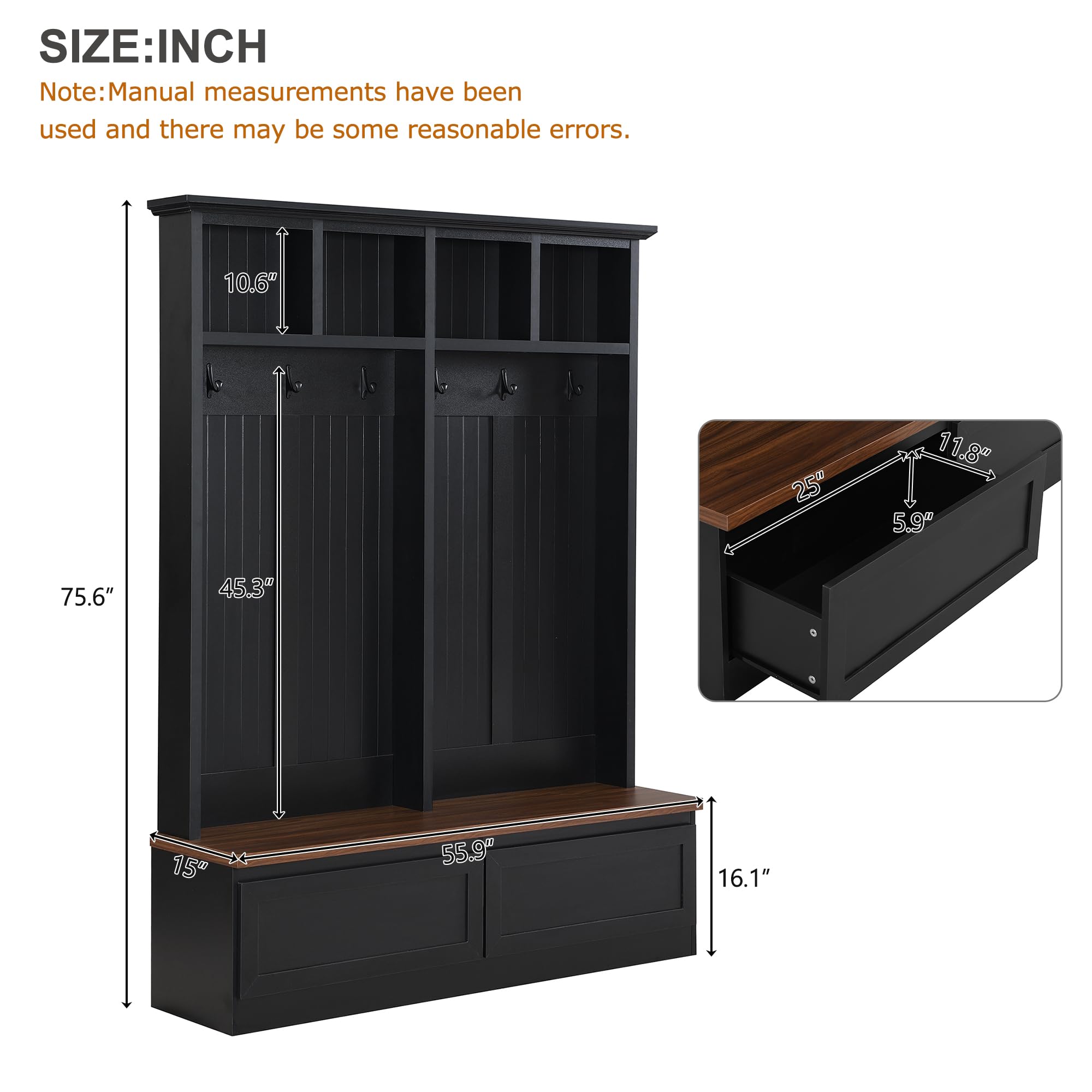 Farmhouse Hall Tree with Bench, Storage Drawers & 6 Hooks