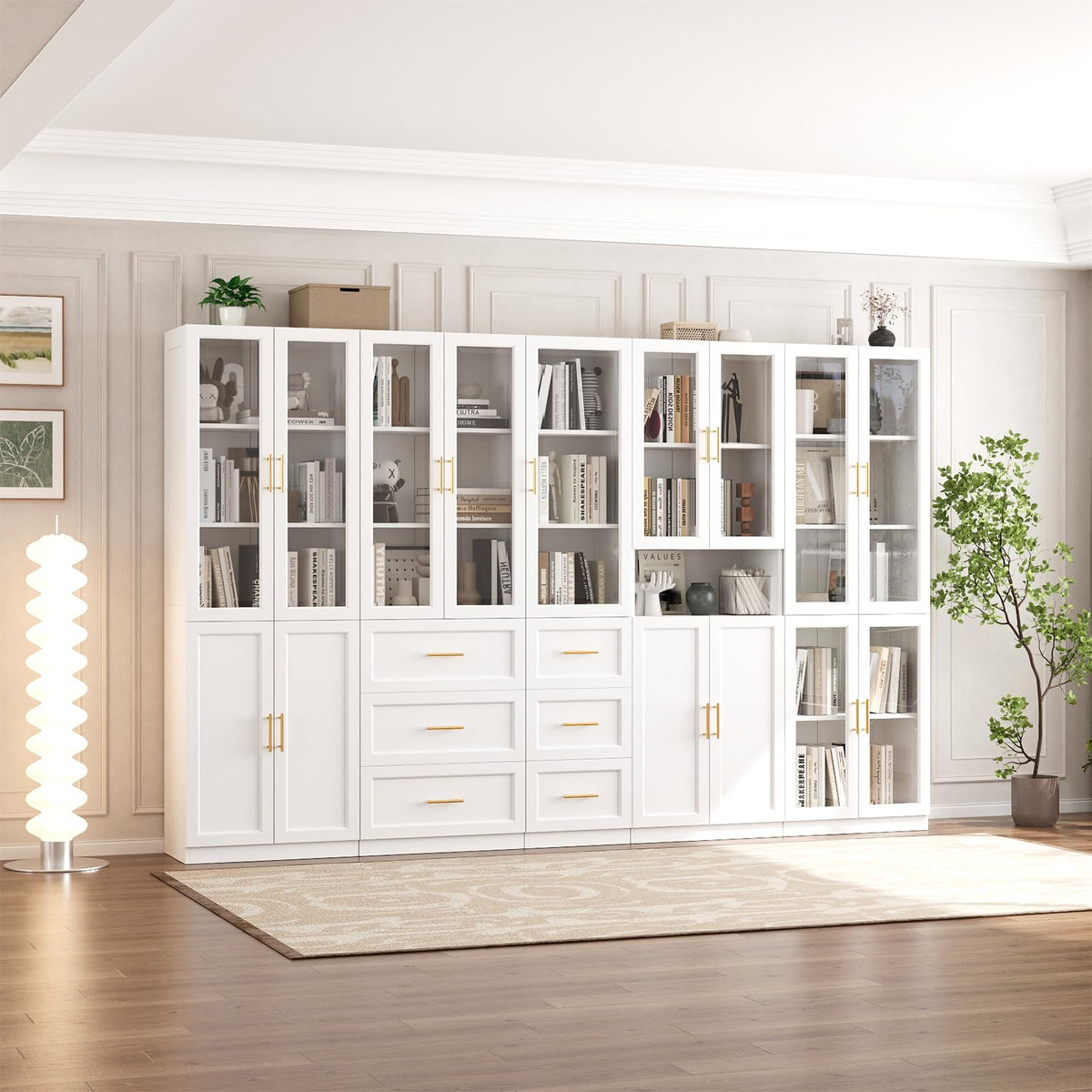 White Glass Door Bookcase with Drawers