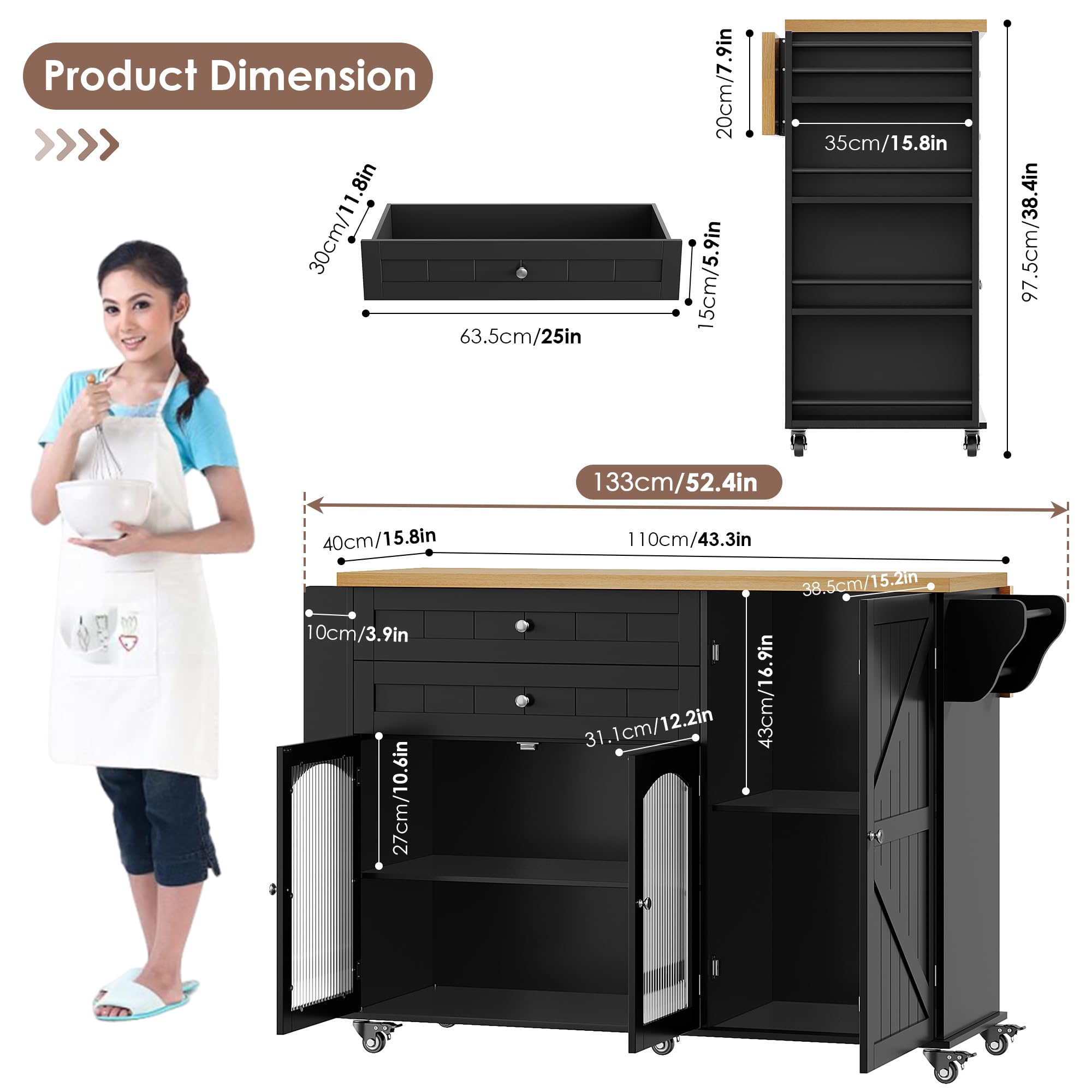 Rolling Kitchen Island Cart with Drop Leaf Countertop