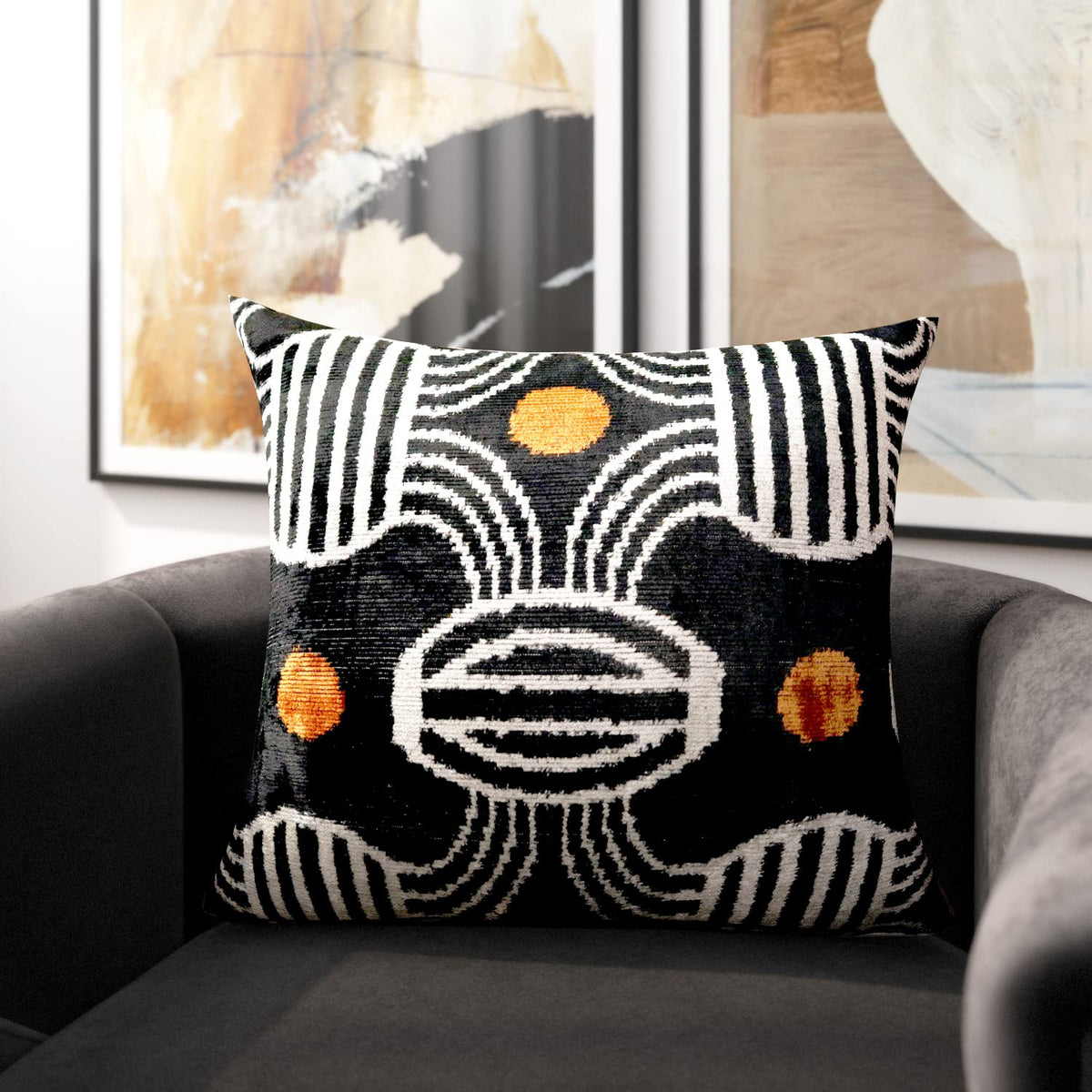 Black Ikat Down Feather Throw Pillow