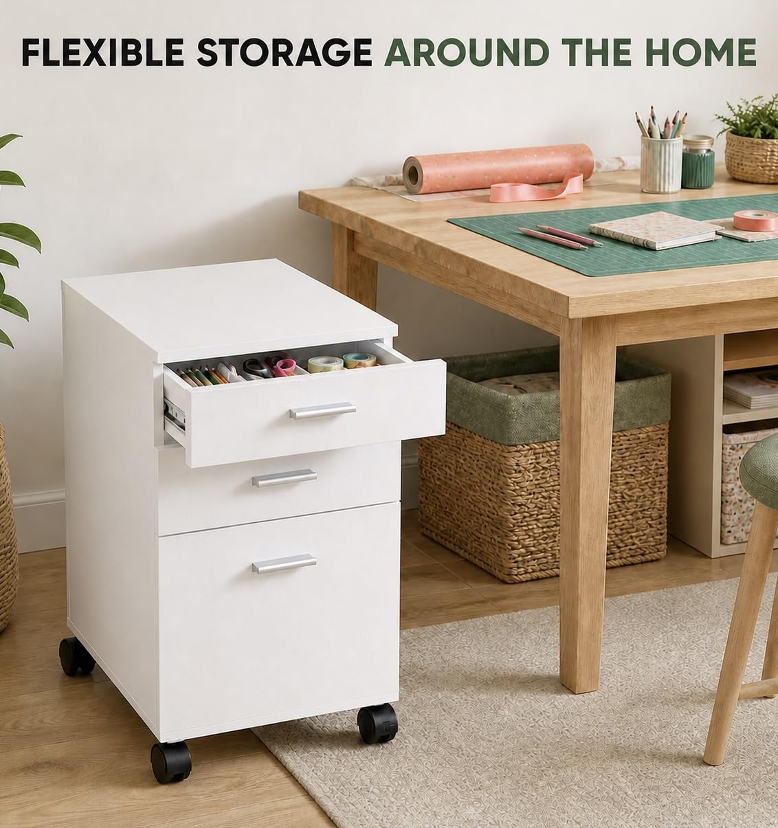 3 Drawer White Preassembled Wooden Under Desk Mobile Printer Stand