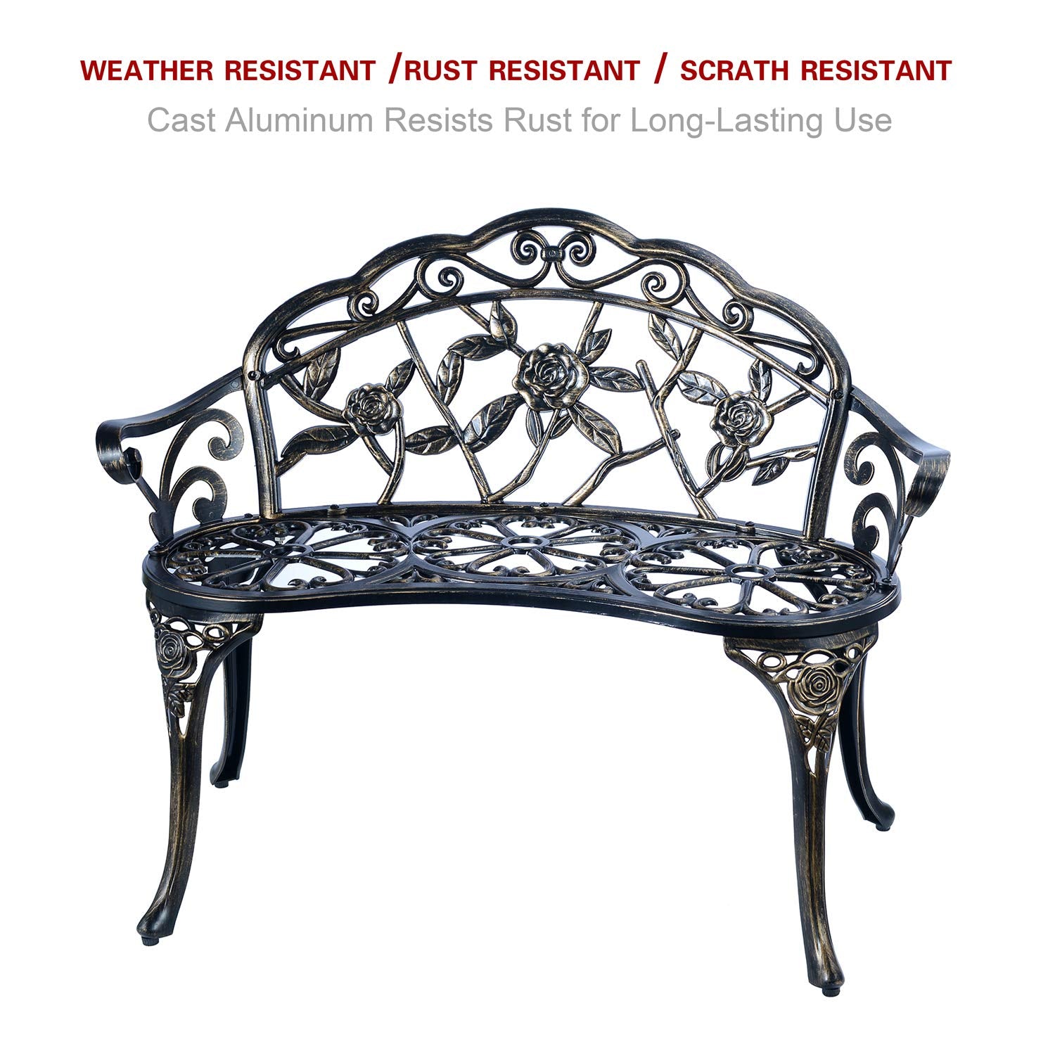 Patio Balcony Bench Double Seat, Anti-Rust Cast Aluminum Patio Garden Bench for Park Yard Outdoor Furniture Copper.1