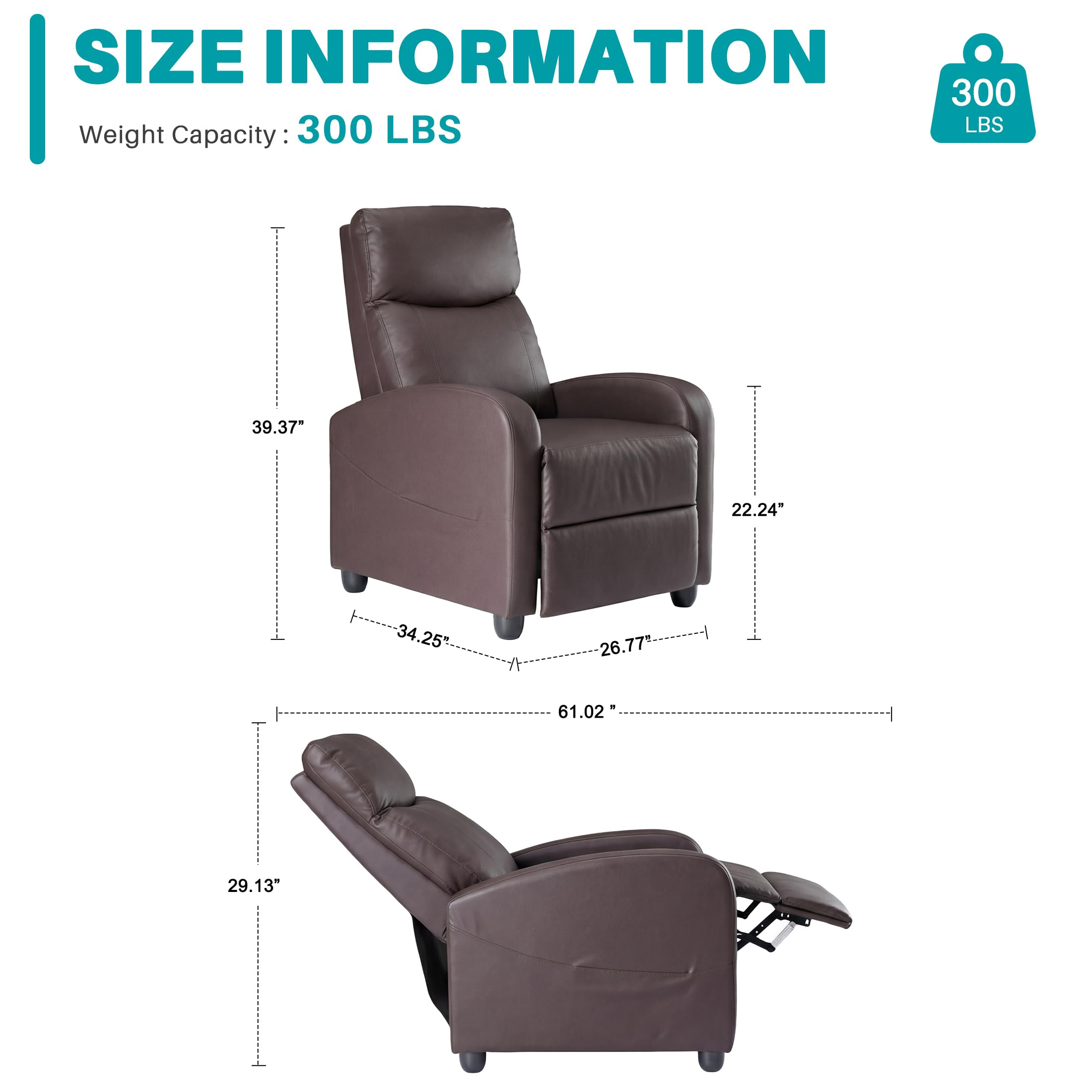 Sweetcrispy Recliner Chair PU Leather Recliner Sofa No Massage, Home Theater Seating with Lumbar Support, Adjustable Push Back Overstuffed High-Density Sponge Reclining for Living Room, Brown