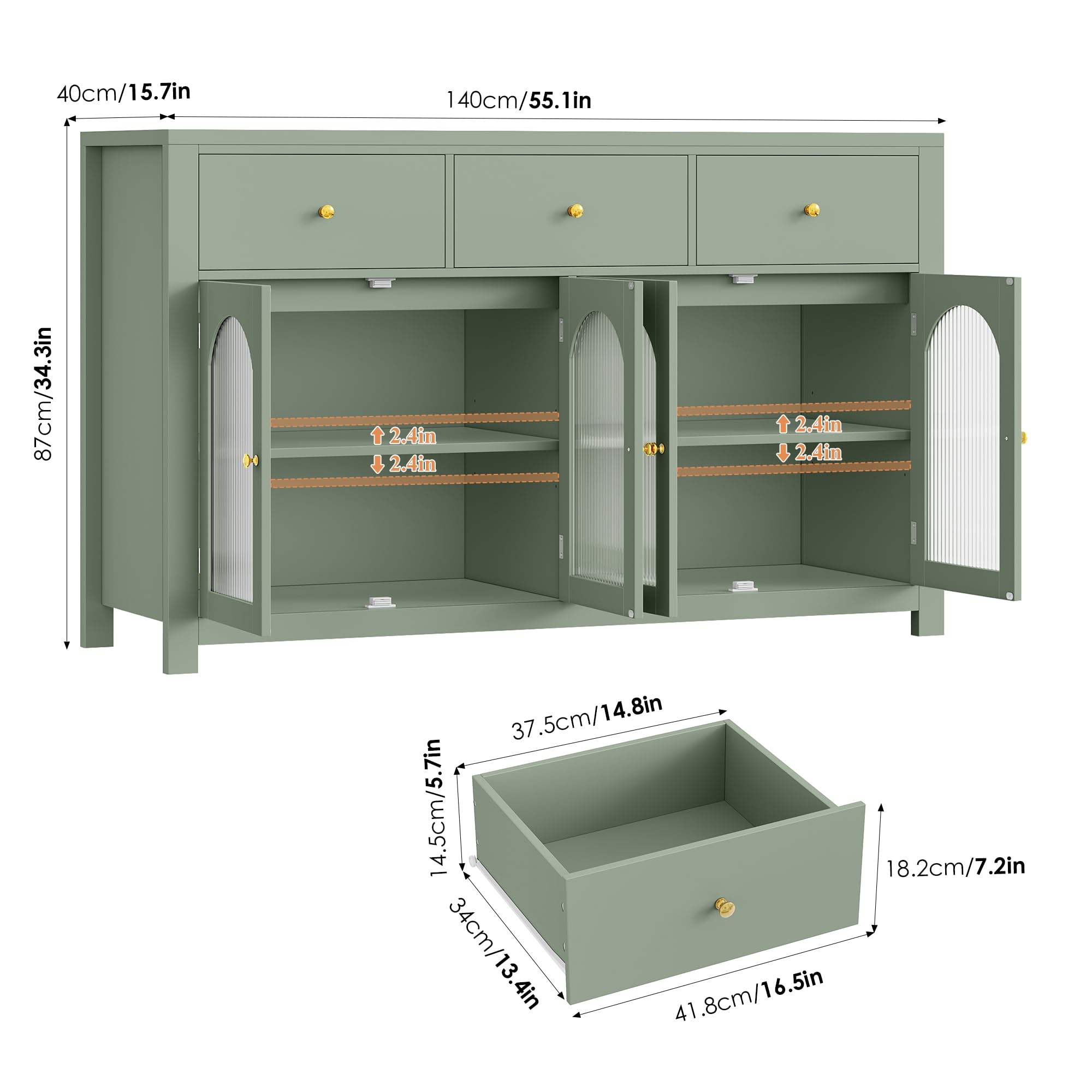 55" Buffet Cabinet with Storage & Fluted Glass Doors