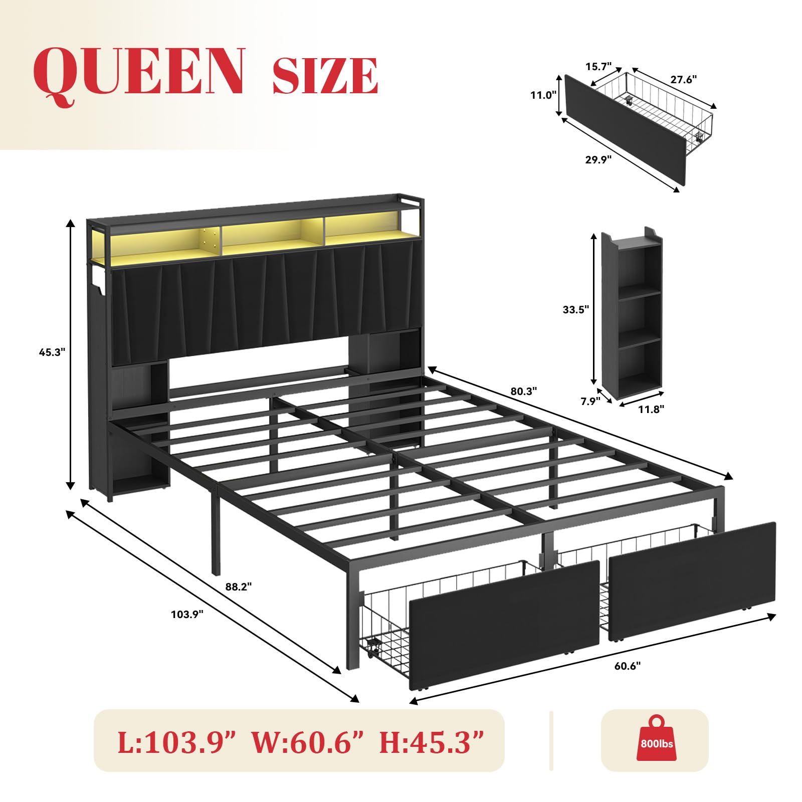 LED Platform Bed Frame with Storage Headboard & Charging Station