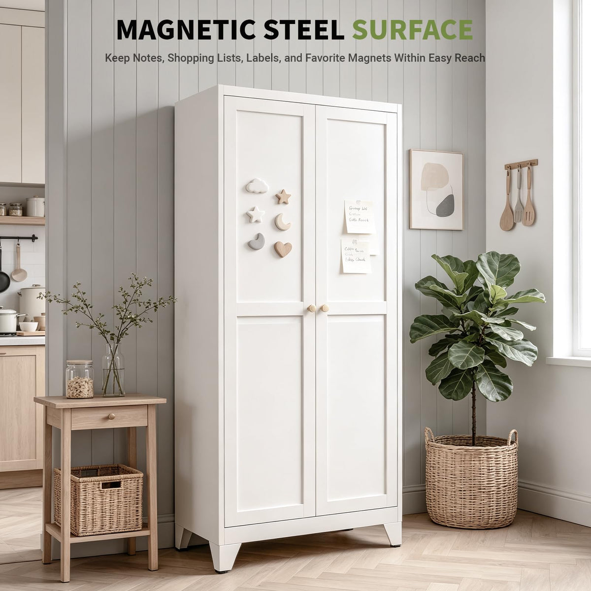 Bayunity 75" White Metal Pantry Cabinet with Doors & 5 Adjustable Shelves