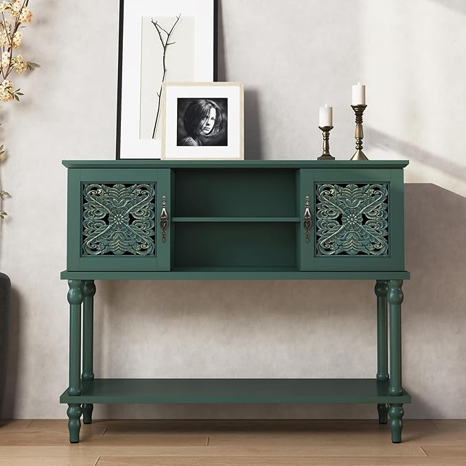 Vintage Console Table with Hand-Carved Doors