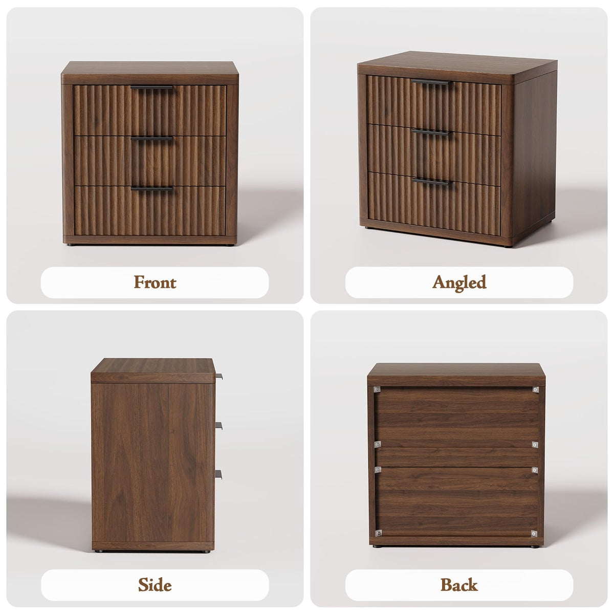 LOOMORA Fluted Nightstand with 3 Drawers, Night Stand, Walnut