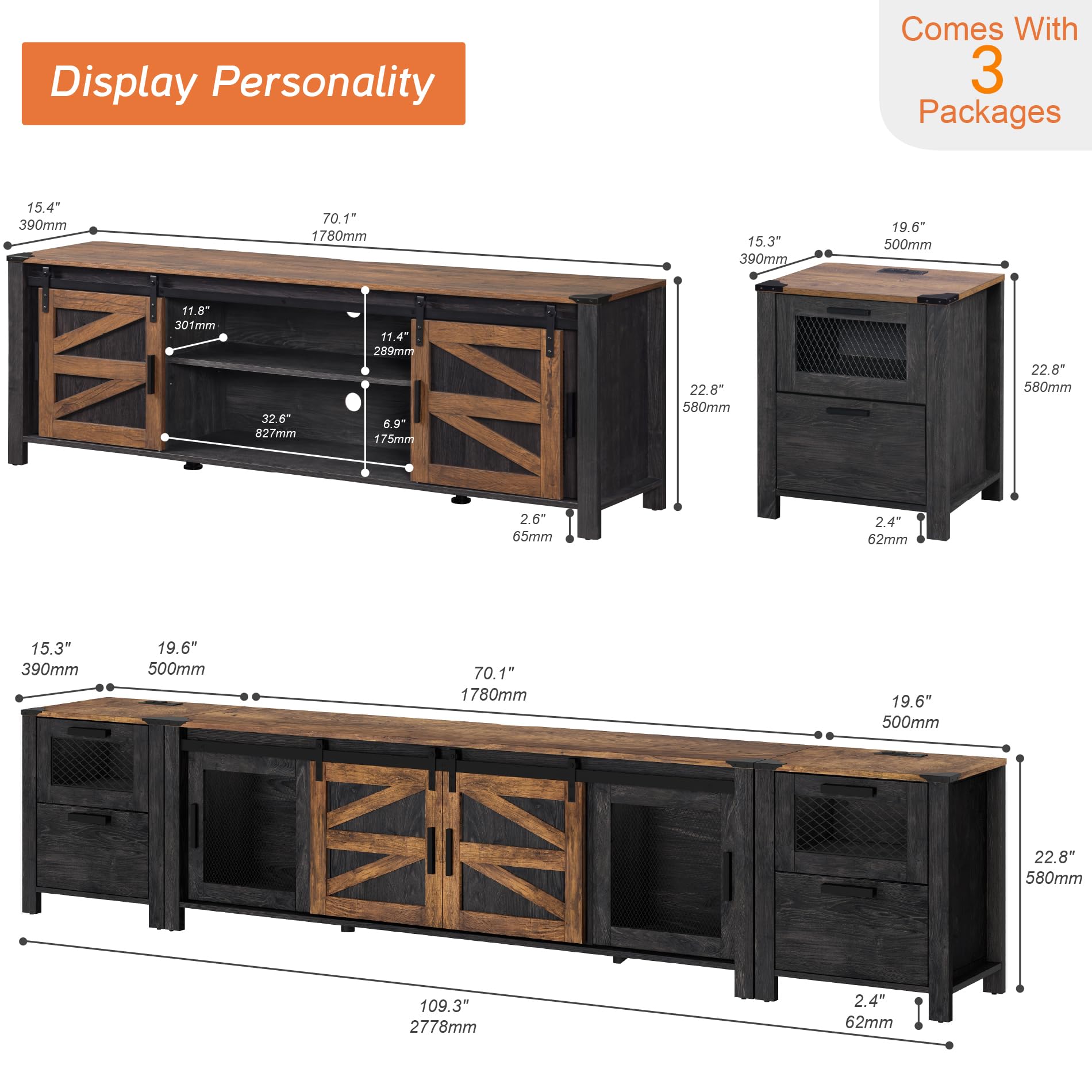 WAMPAT Farmhouse TV Stand Set for 85 inch TV, 2 in 1 Wood Universal TV Stand with Charging Station, Entertainment Center TV Console Table for Living Room, Antique Black