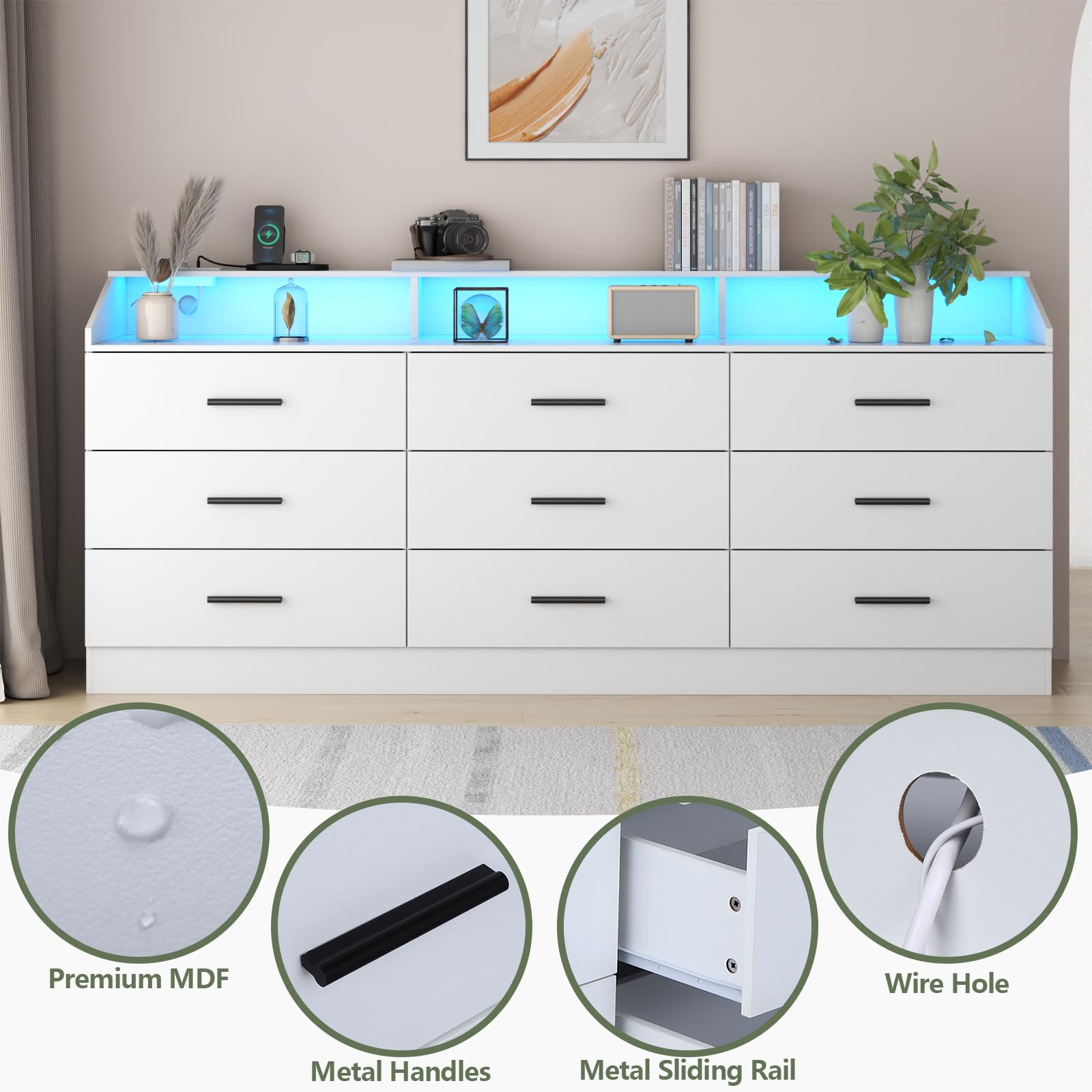9 Drawer Dressers for Bedroom with Charging Station, Wooden Dresser Wide Dresser with Led Light, 63'' Long Dresser for Closet with Open Cubby, Modern White Bedroom Dresser Triple Wide Chest of Drawers