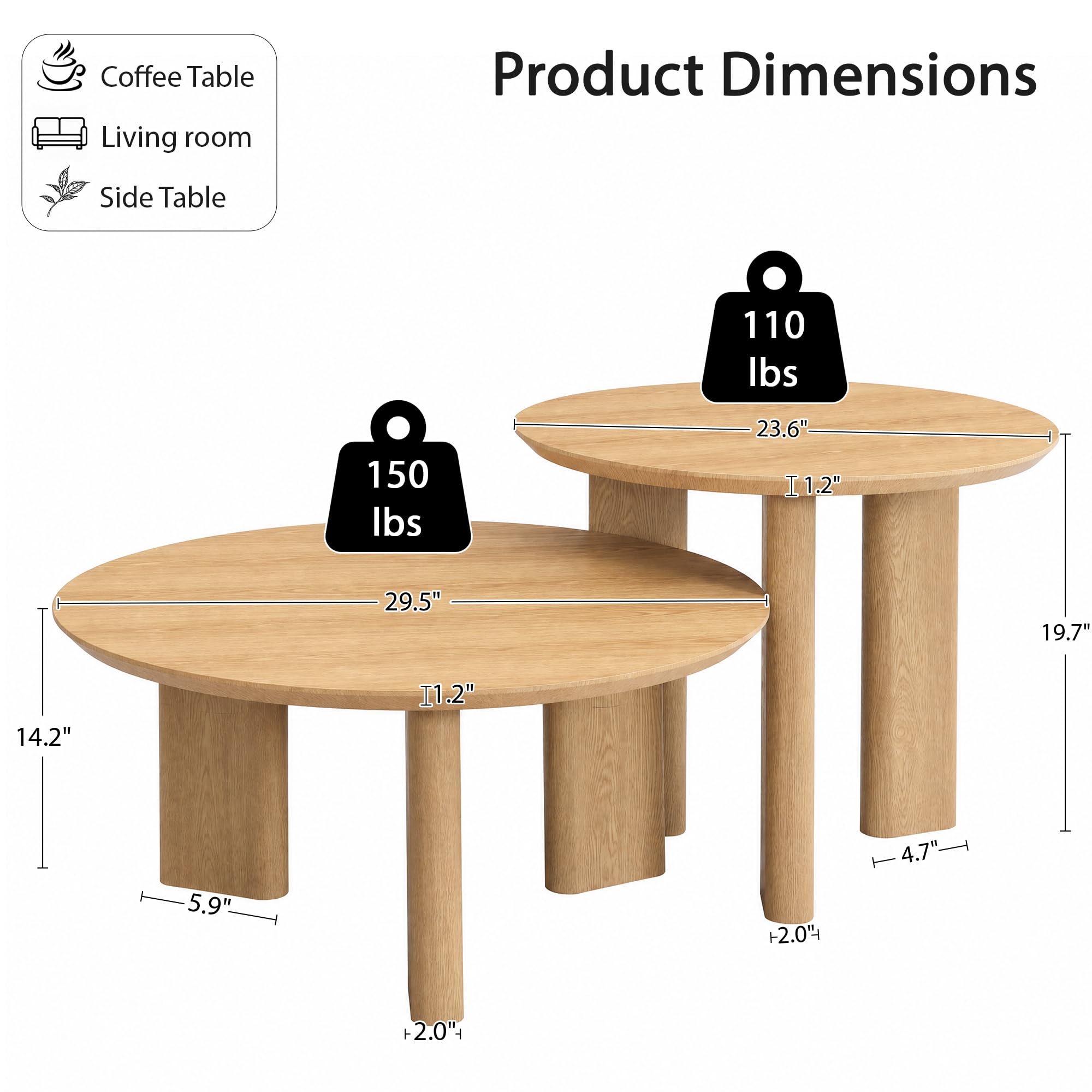 Yechen Nesting Coffee Table Set of 2, Round Wooden Veneer Coffee Table and Side Table Set, Circle Modern Center Tables with Smooth Thick Design for Living Room, Office, or Apartment