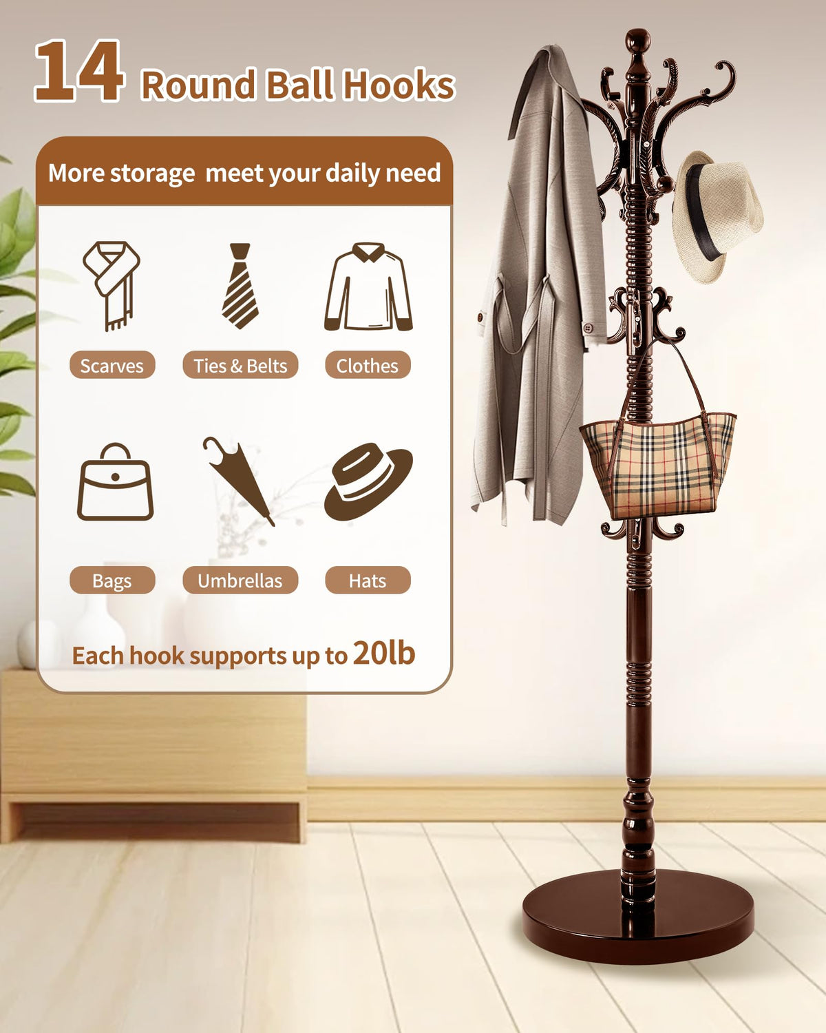 ZIECUKU Coat Rack Freestanding,Solid Wood Vintage Hall Tree with 14 Hooks