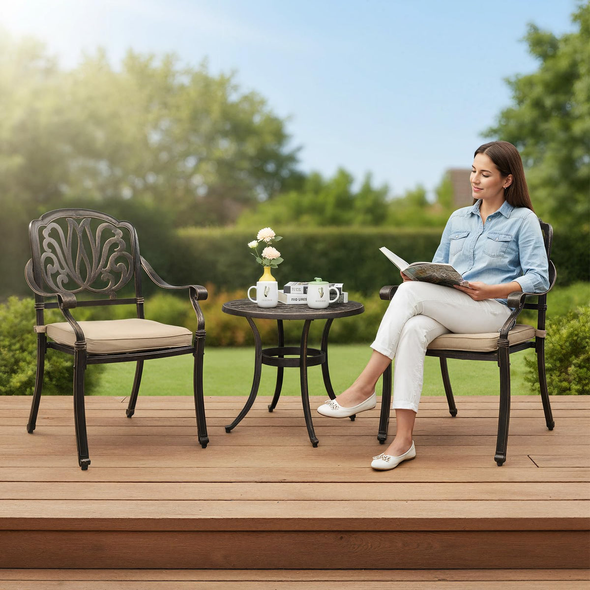 VINGLI 3 Piece Outdoor Bistro Set, Cast Aluminum Patio Table and 2 Chairs Set for Patio Balcony Garden, All Weather Outdoor Furniture Set with Stackable Chairs and Small Round Table