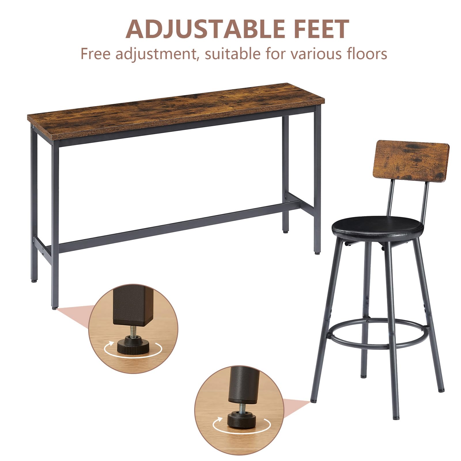 Cudalw Bar Table and Chairs Set for 3, 63" L Rectangle Sofa Table with 3 PU Upholstered Stools, 4 Piece Industrial Counter Height Dining Table Set for Living Room Kitchen Restaurant, Brown
