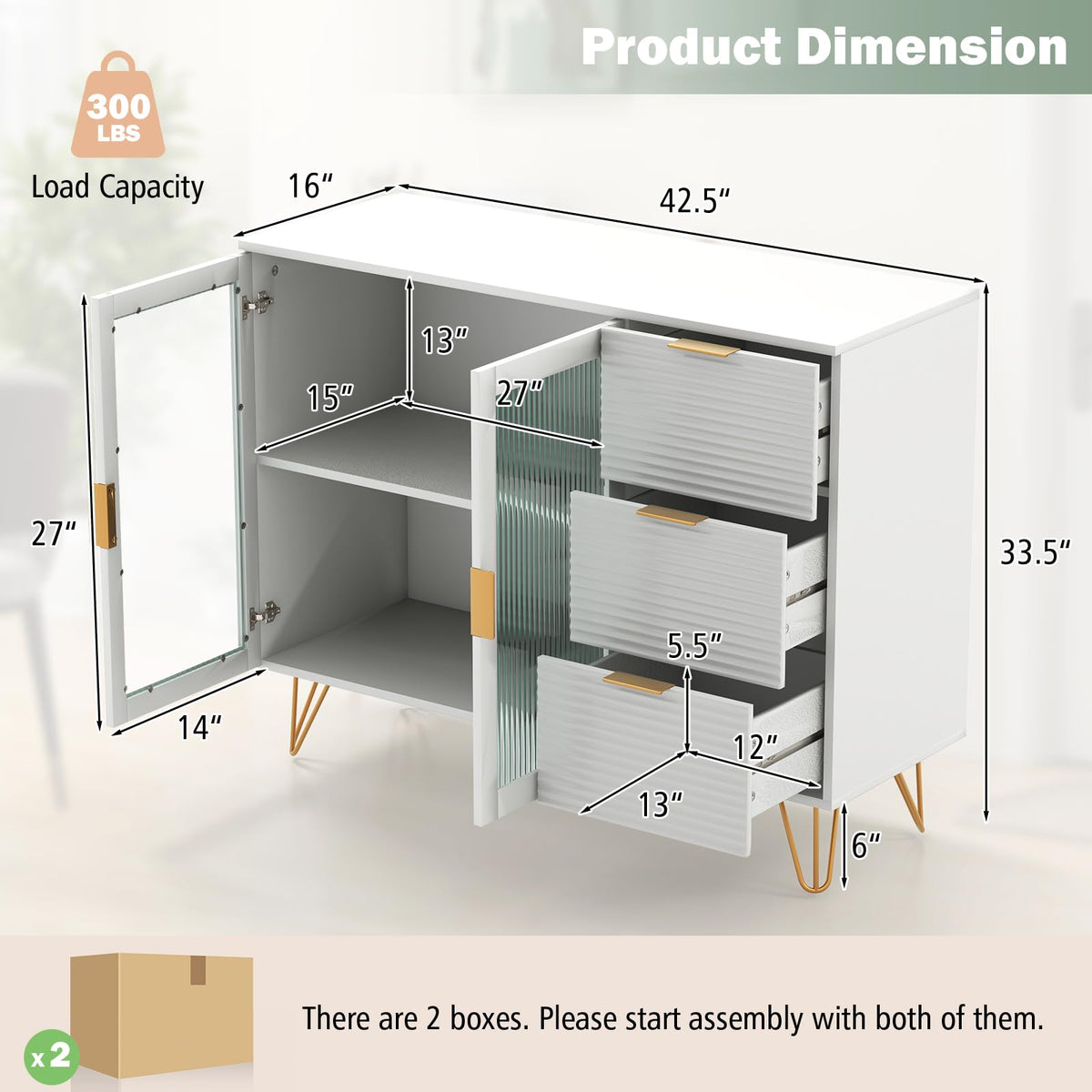 LOKO Kitchen Buffet Cabinet with 2-Tire Storage Space, 3 Drawers, White