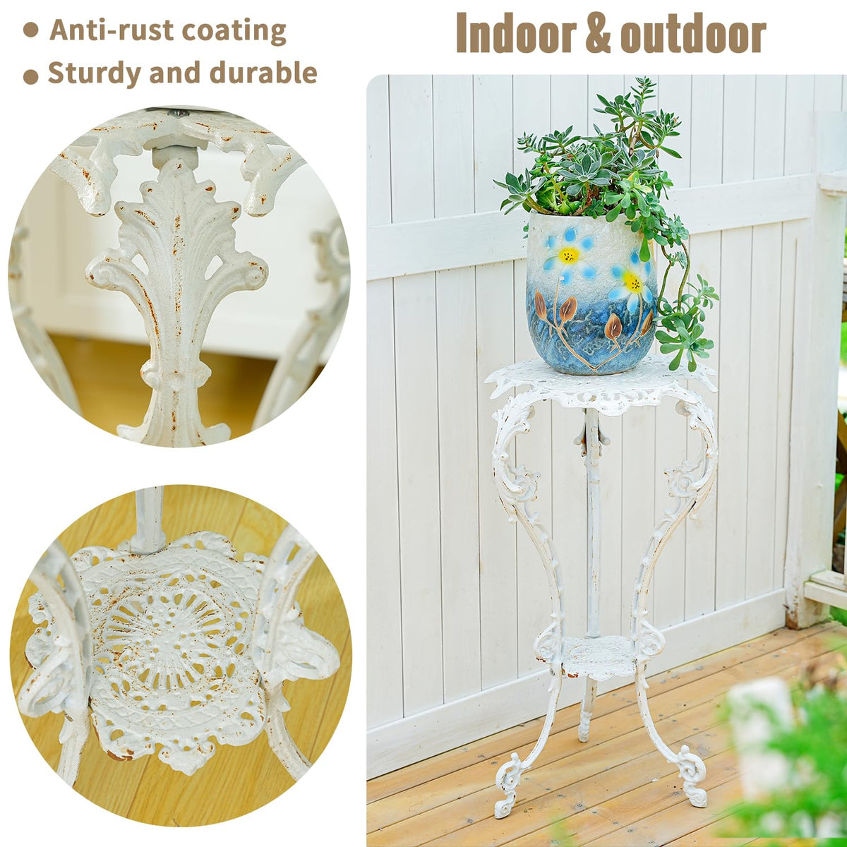 Sungmor Cast Iron Plant Stand, Victorian Fern, Rustic White, Outdoor Indoor