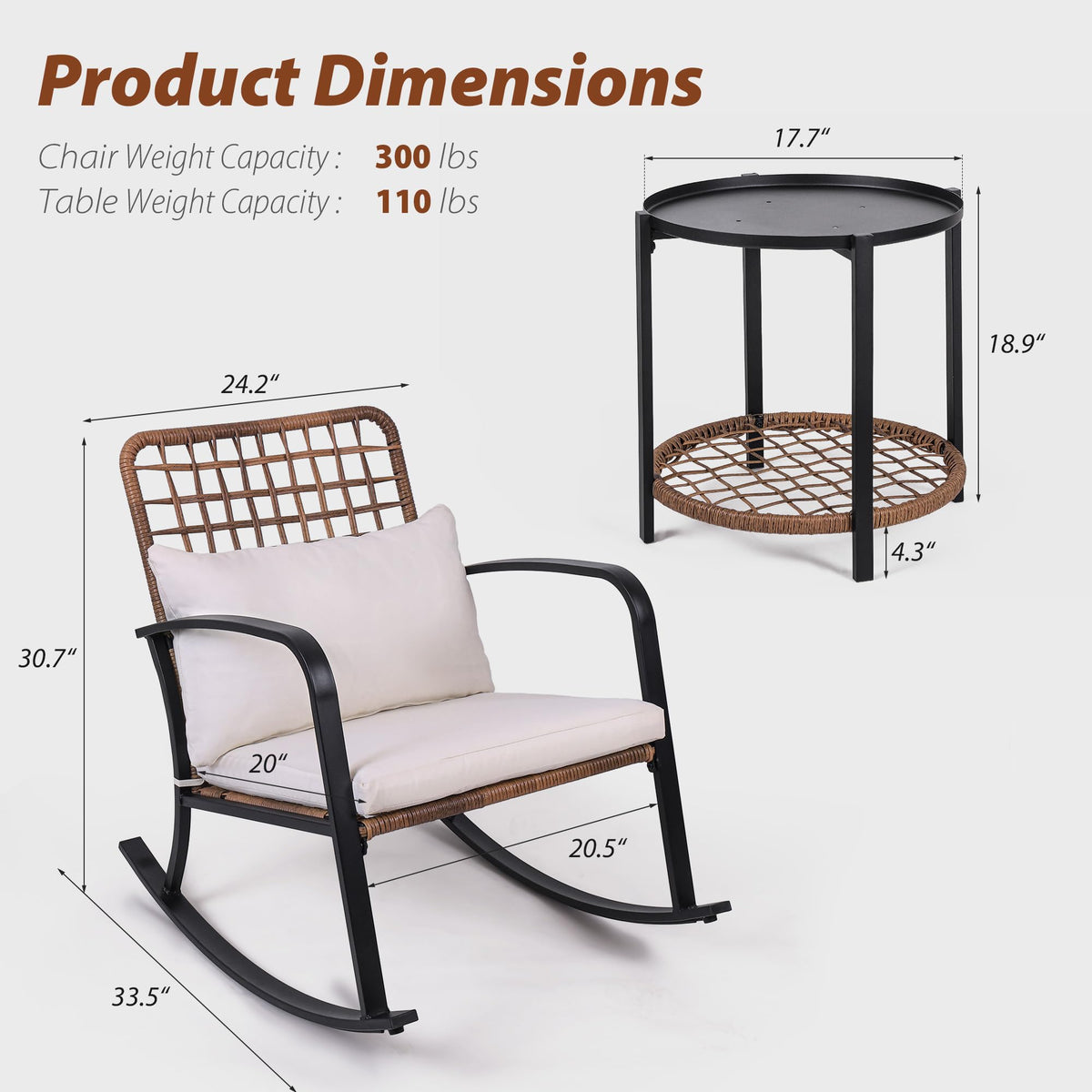 Mugovelo 3 Piece Patio Bistro Set with Cushion, 2 Rocking Chairs with Table