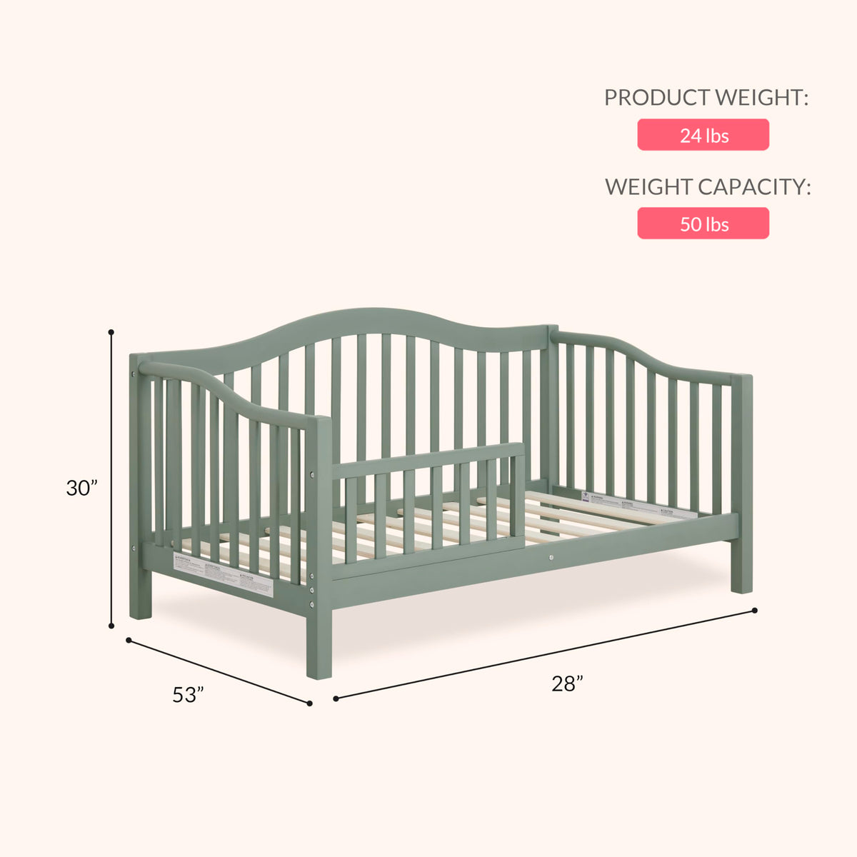 Dream On Me Austin Wooden Toddler Day Bed for Kids, Meadow Green