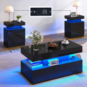 LUXOAK 3 Pieces Living Room Table Set, Modern High Gloss Coffee Table Set with LED Light and Storage Space, 2 End Side Tables with Charging Station for Living Room, Office, Black